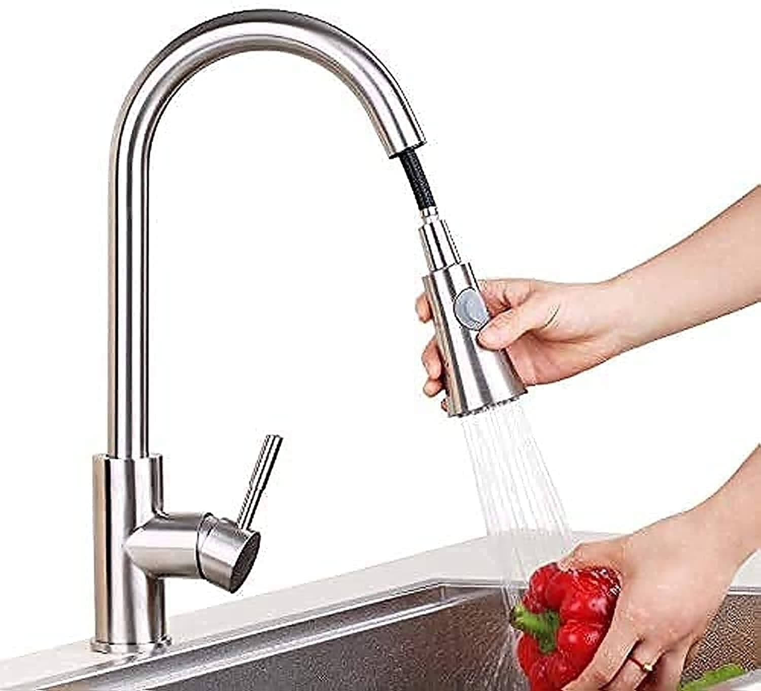Professional Water Saving Kitchen Stainless Steel Pull Out Tap Faucet, Kitchen Sink Hot And Cold Water Faucet, Two-Way Sprayer, Single Handle Faucet, 360 Degree Rotating (Model 1)