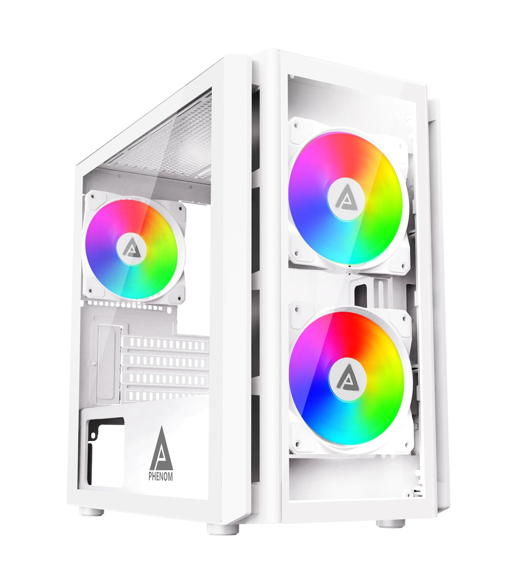 Apevia PHENOM-WH Phenom Micro ATX Gaming PC Case w/ 3x 120mm ARGB Fans, 366 RGB Light Modes, 2x Tempered Glass Panels, Front Panel Airflow Vents, Magnetic Dust Filters, 2x USB3.0, HD Audio Port, White