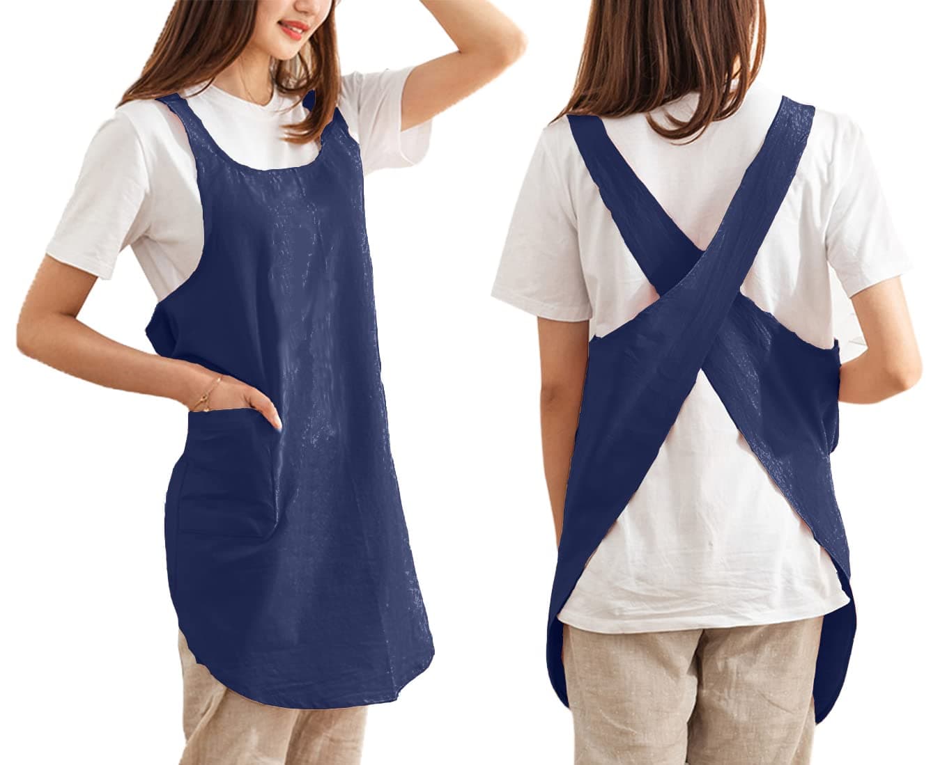 Cotton Cross Back Aprons Solid Color Cooking Kitchen Garden Smock for Women Girls with Pockets
