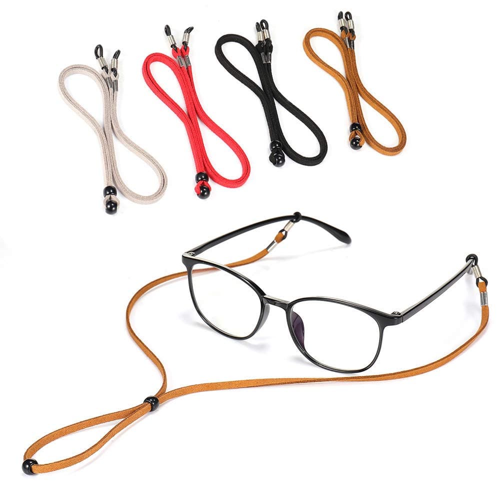 4pcs Eyeglass Strap, Leather Eye Glasses Strap String Adjustable Eyeglass Chain Lanyard Eyewear Retainers, Sport Sunglass Glasses Holder Strap for Men Women，with Eyeglasses Cleaning Cloth