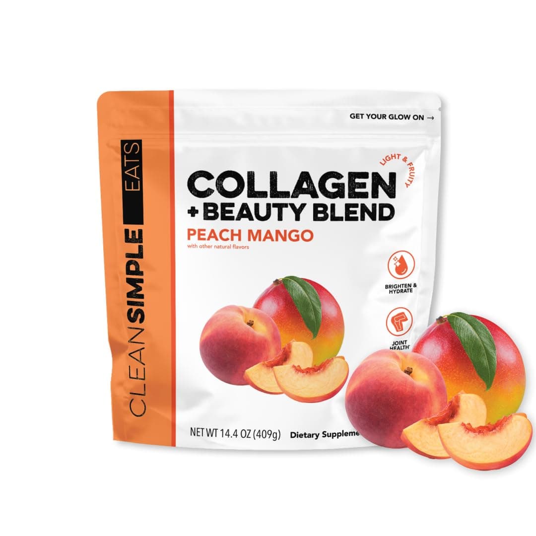 Clean Simple Eats Peach Mango Super Collagen, Grass-Fed, Hydrolyzed Types I, II, & III Collagen, 30 Servings