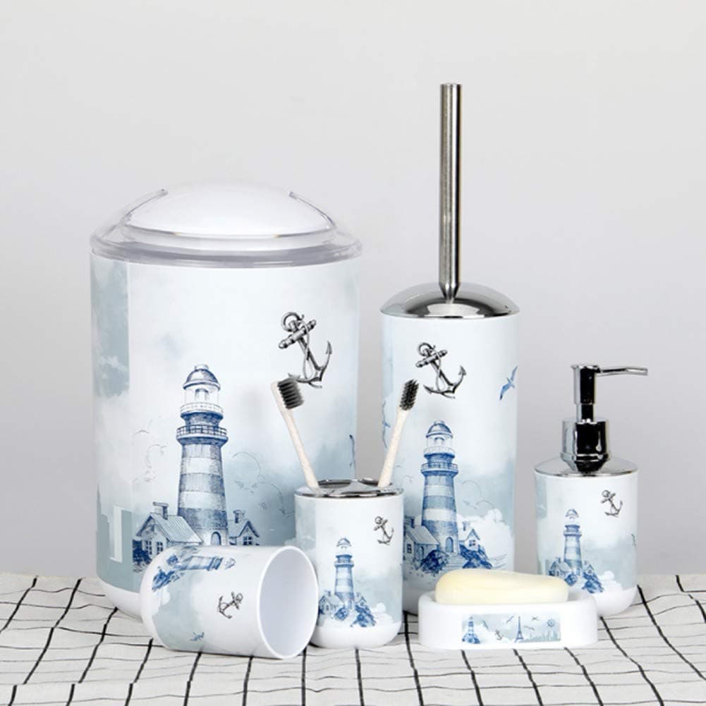 YYBFG 6Pcs Bathroom Accessory Including Mug, soap Box, Liquid Bottle, Toothbrush Holder, Toilet Brush, Trash can(Lighthouse)