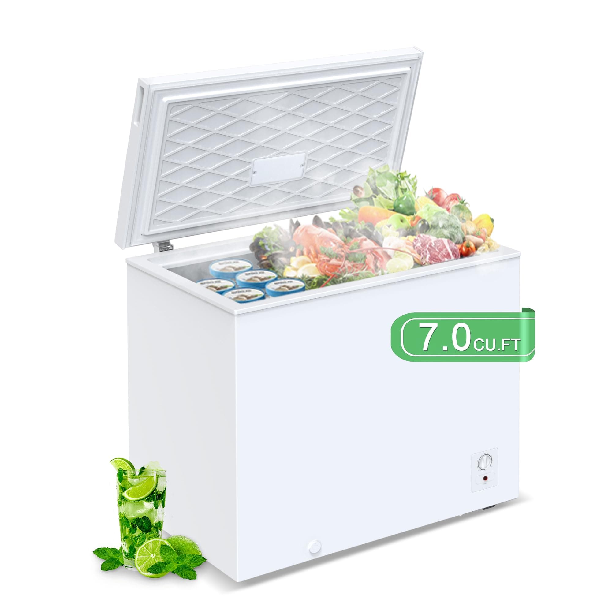 7.0 Cu.ft Chest Freezer, Top Open Door Deep Freezer with 8 Adjustable Thermostat (-11.2°F to 10.4°F), Compact Freezer with Removable Basket for Home/Garage/Office, White