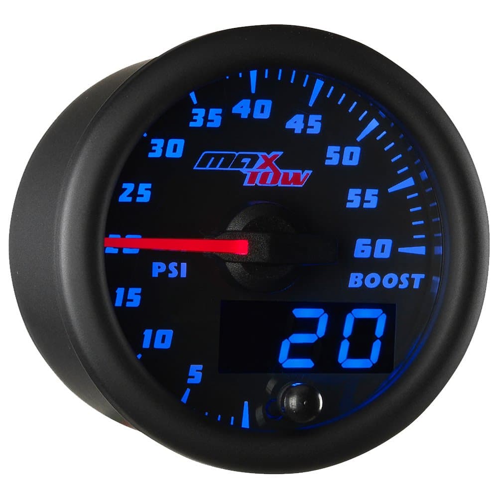 MaxTow Double Vision 60 PSI Turbo Boost Gauge Kit - Includes Electronic Pressure Sensor - Black Gauge Face - Blue LED Illuminated Dial - Analog & Digital Readouts - for Diesel Trucks - 2-1/16" 52mm