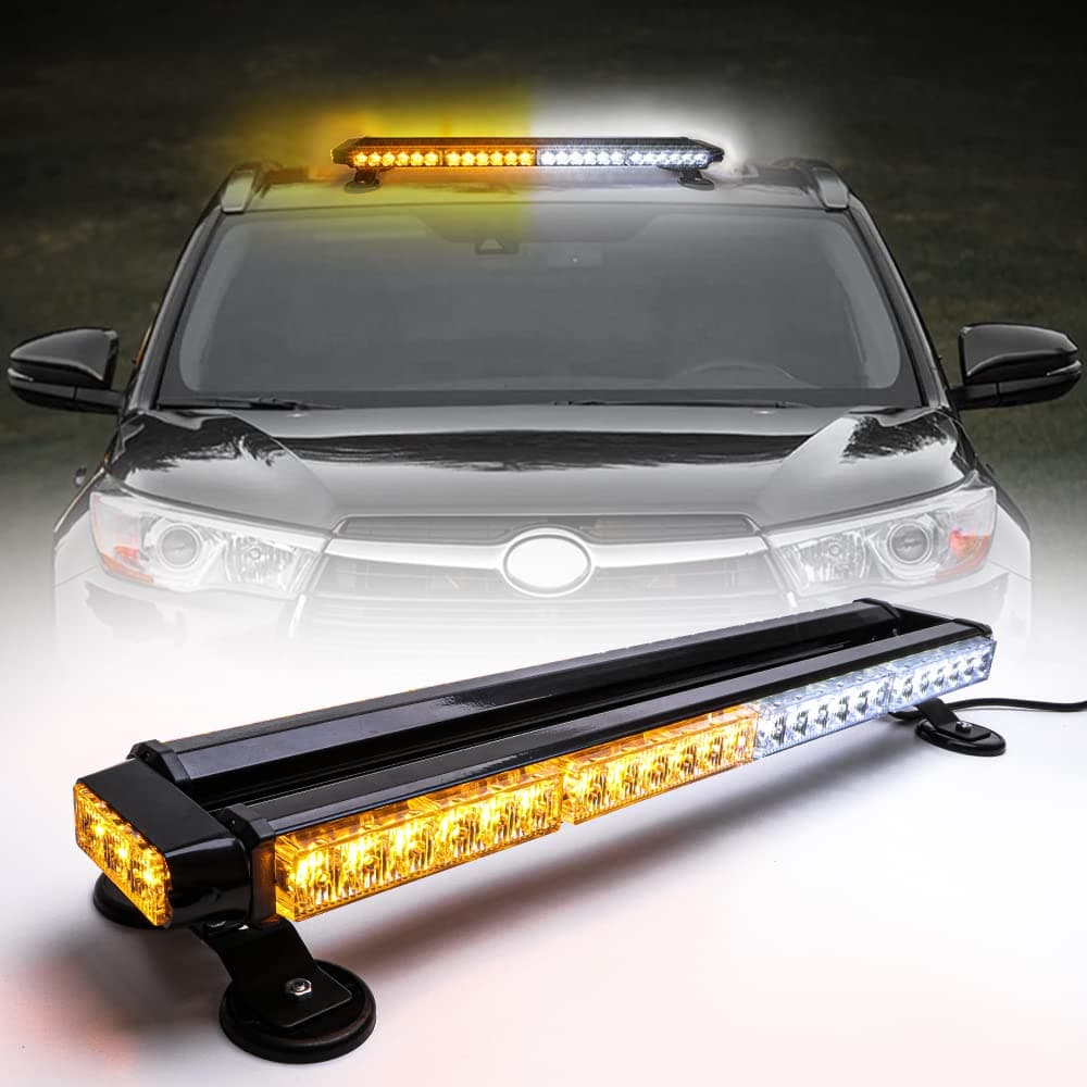 Strobe Flashing Light Bar - 26.5" 54 LED Double Side High Intensity Automotive Warning Beacon, 12-24V Emergency Flashing Lights with Magnetic Base, for Vehicles Car Truck Roof (Amber/White)