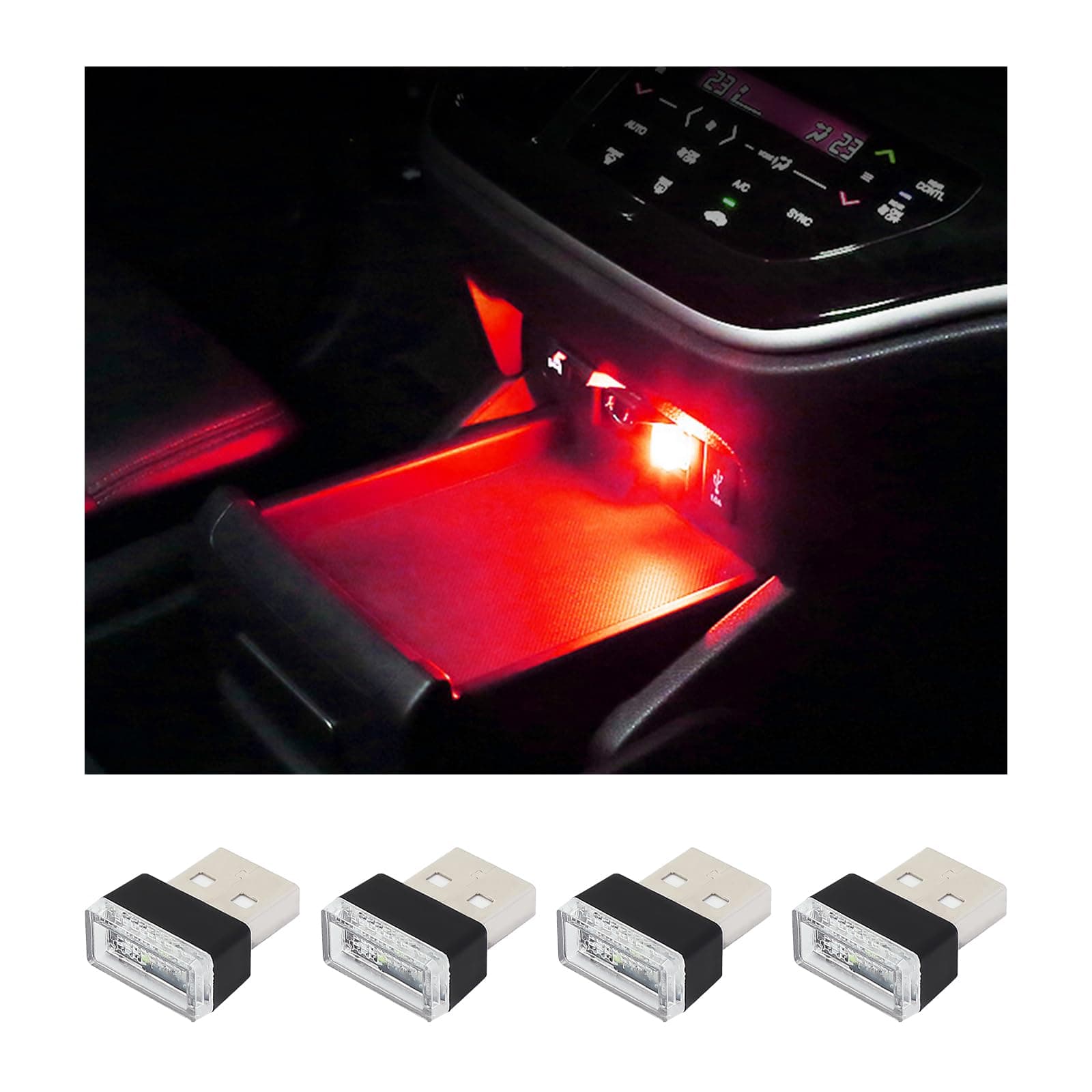 4 PCS USB LED Car Interior Atmosphere Lamp, Plug-in USB Decor Night Light, Portable Auto Ambient Lighting Kit, Universal Vehicle Interior Accessories for Most Cars (Red)
