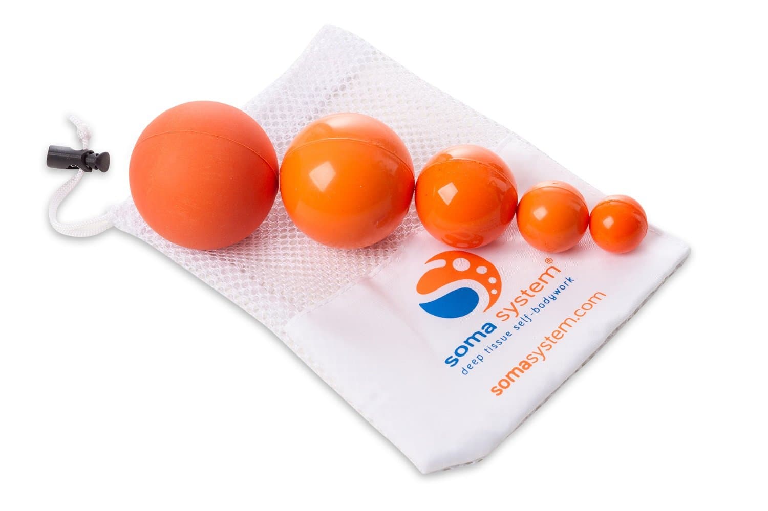 Trigger Point Therapy Ball Set of 5 and an E-Book: Soma System Massage Therapy Ball Set for Deep Tissue Self-Massage, Myofascial Release and Yoga Therapy. Set of 5 with Mesh Bag.