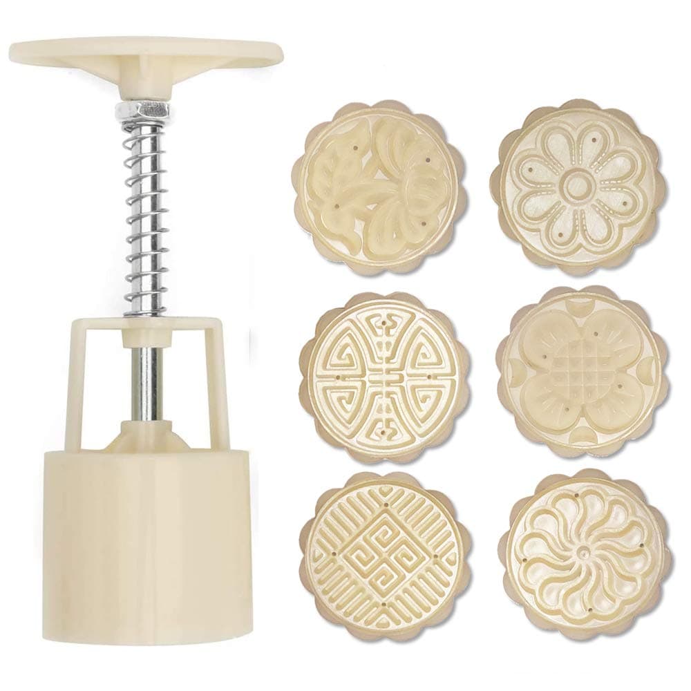 3D Cookie Cutter Press Flower Moon Cake Mold with Set 6 Pcs Pattern Baking Accessories for Pastry Mold Bakware - Muffin Fondant - Cupcake Dessert - Eid & Mid-Autumn Festival - Circle Shape