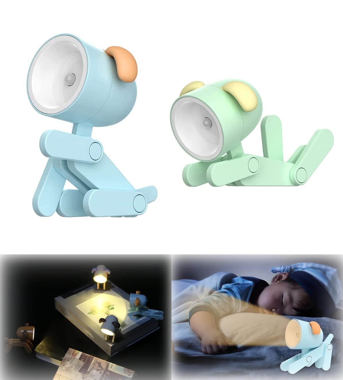 2 Pcs New Mini LED Pet Night Light, Adjustable Phone Stand, Cute Dog Night Lights, Portable Reading Decor Table Lamp for Kids Students Night Study and Bedroom Bedside (Green and Blue) With 6 Batteries