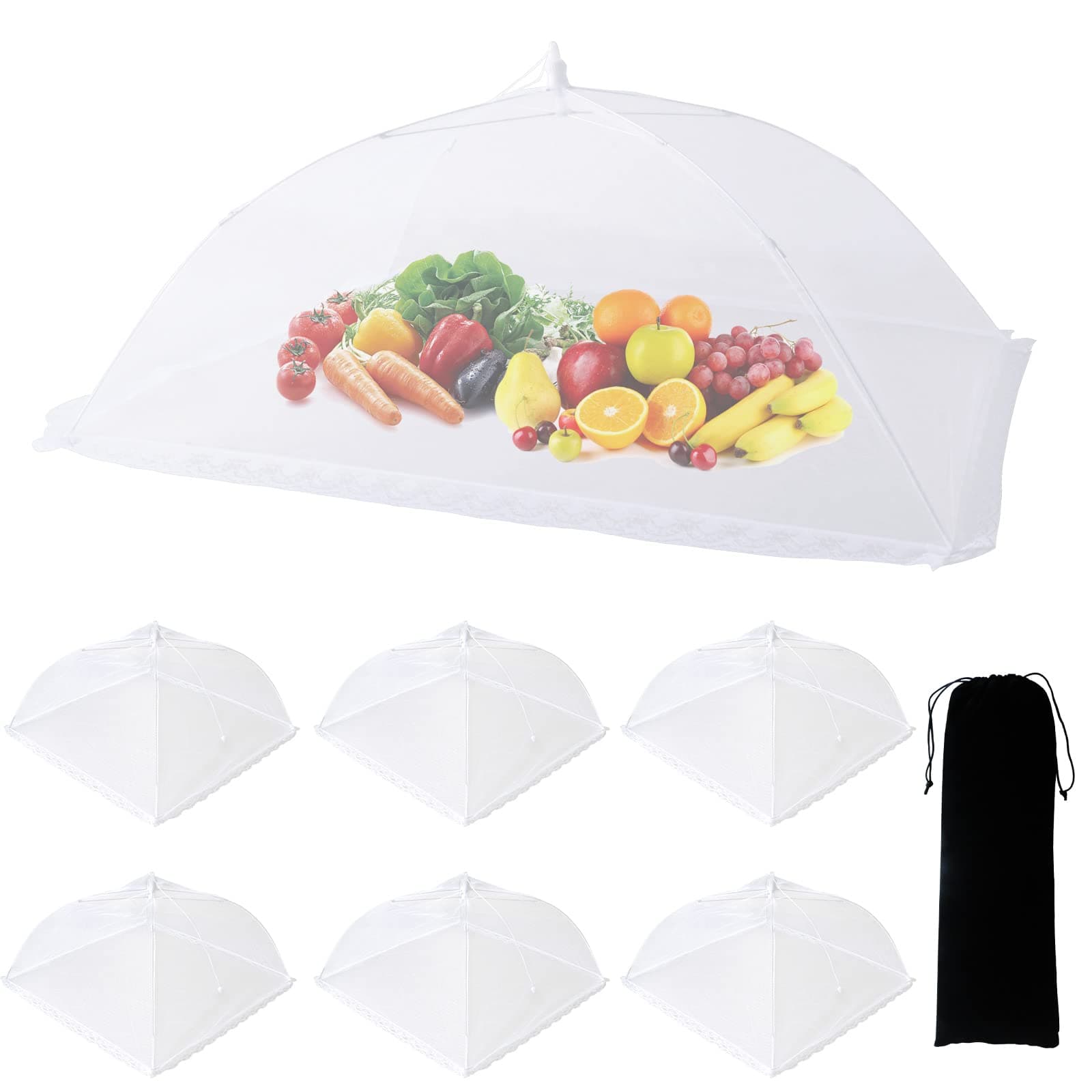 ZMCINER 7 Pack Food Covers for Outdoors Mesh Screen Include Food Tents 1 Extra Large (40"X 24") & 6 Standard (17"X 17") Collapsible and Reusable Mesh Covers for Outside, BBQ Party Supplies, Fruit