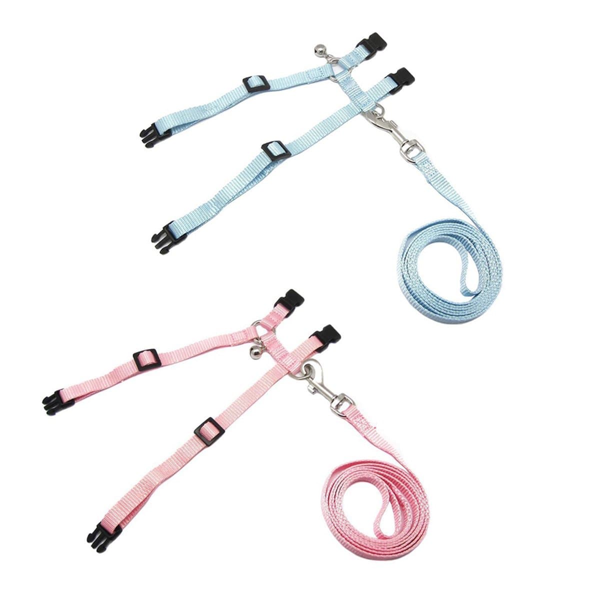 polkar Adjustable Pet Rabbit Walking Harness Leash Lead with Small Bell (Small, Blue+Pink)