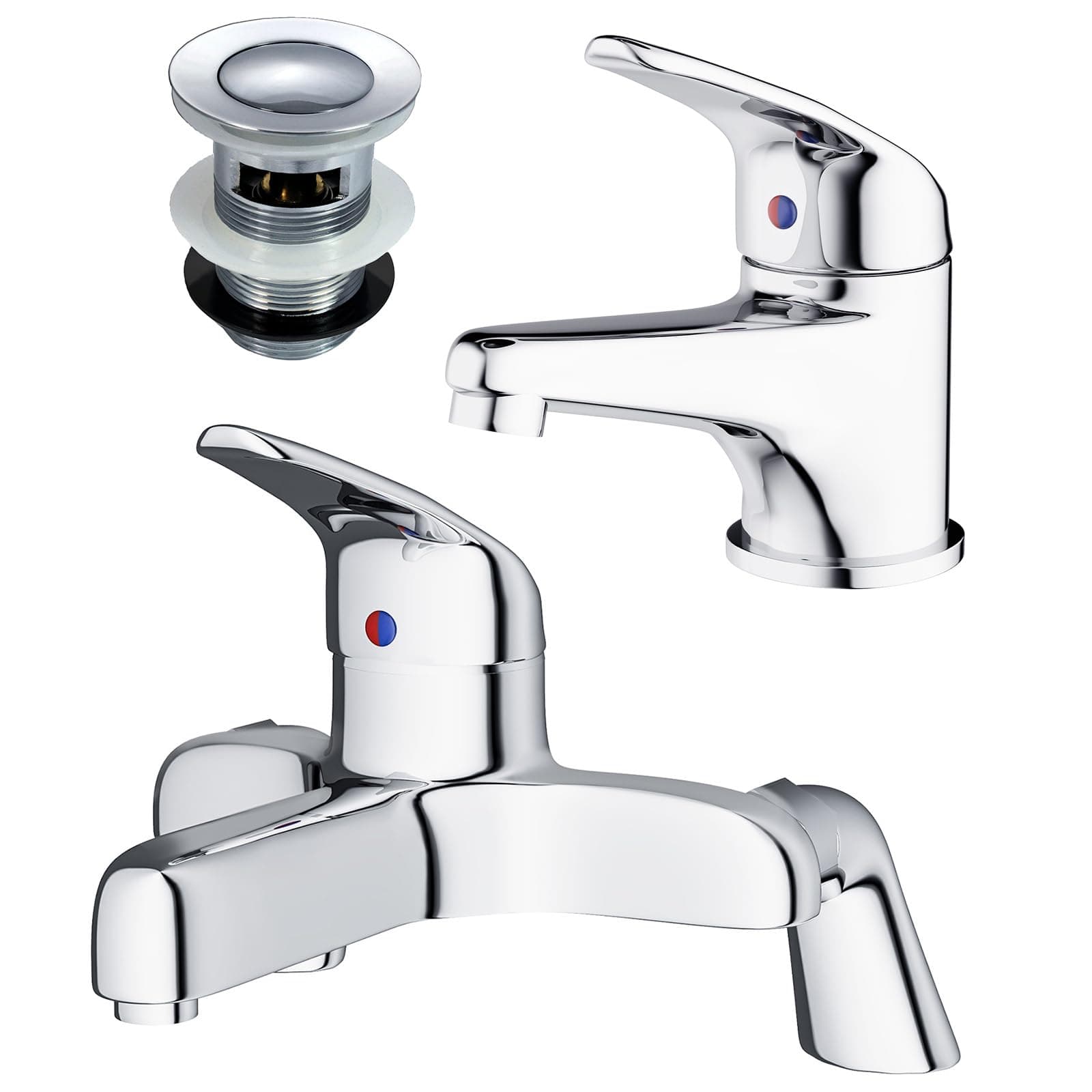 Studio Chrome Bathroom Basin Mono Mixer Tap & Deck Mounted Bath Filler Tap & Waste