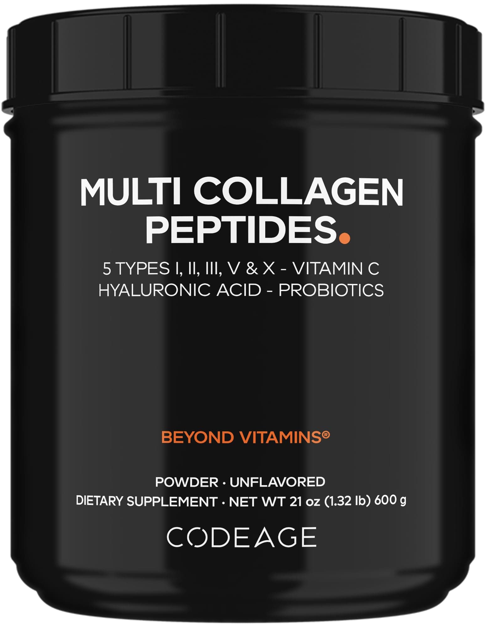 Multi Collagen Peptides + Probiotics Black Edition, Vitamin C, Hyaluronic Acid Powder Supplement, Grass-Fed, Pasture-Raised, Hydrolyzed, Zero Carbs, Type I, II, III, V & X, Unflavored, 21oz