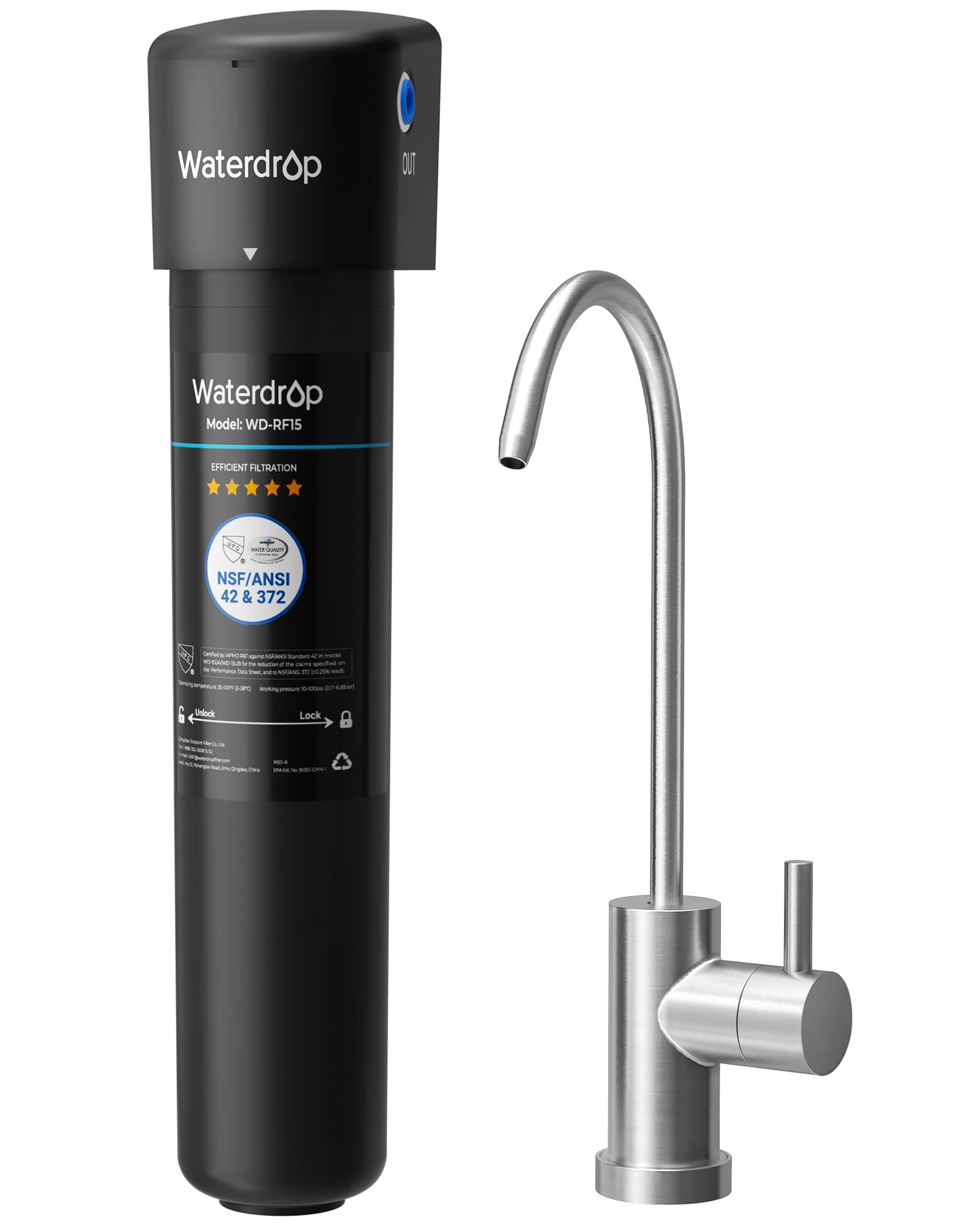 Waterdrop 15UB Under Sink Water Filter System, 16K High Capacity Drinking Water Filtration System, with Dedicated Brushed Nickel Faucet, Removes 99% Chlorineand Reduce Lead, Bad Taste & Odor, USA Tec