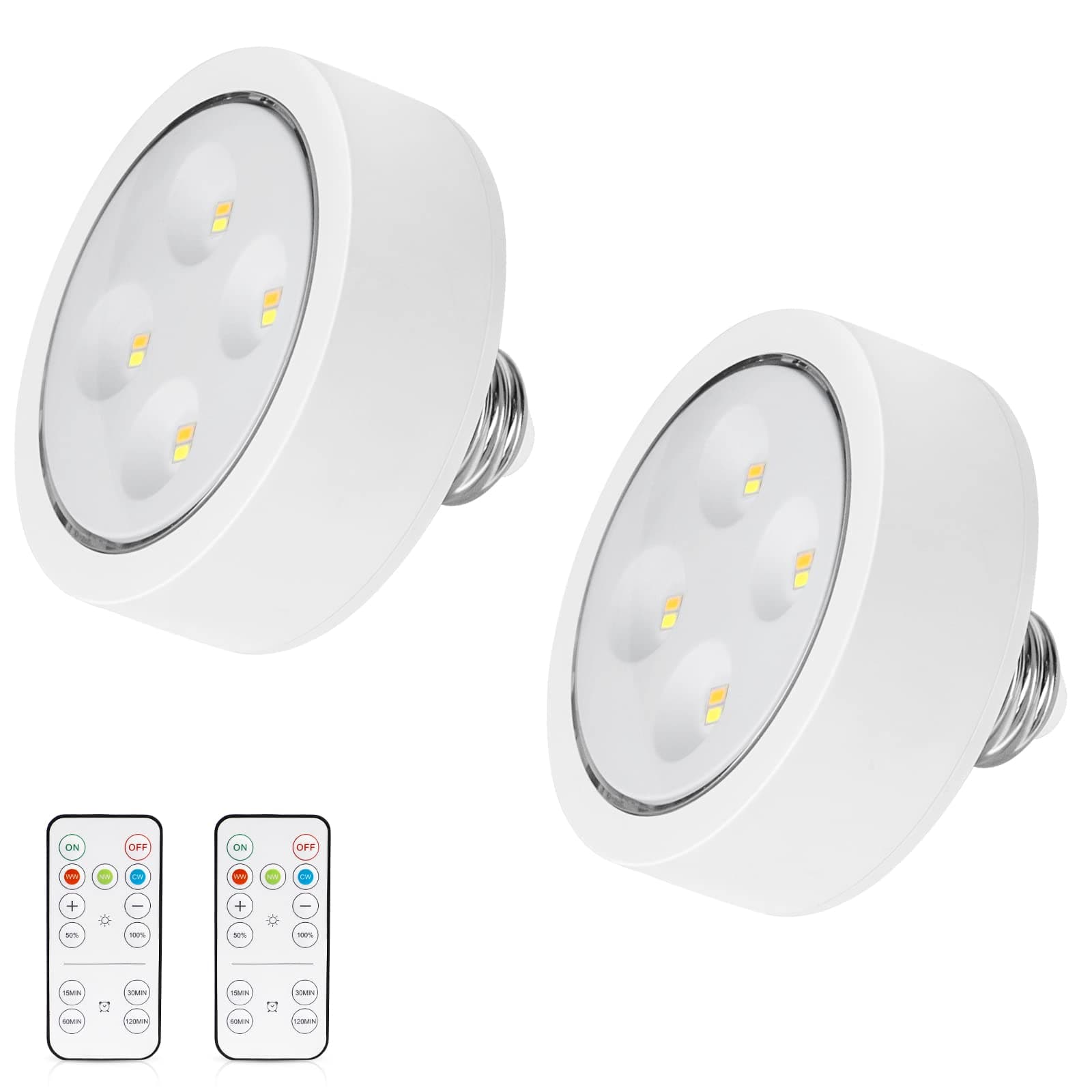 AIBOO Screw in Puck Lights, E26 Puck Lights with Remote, 2 Pack Battery Powered Puck Lights with Screw in Base for Non-Hardwired Wall Sconces Fixtures (Batteries Not Included)