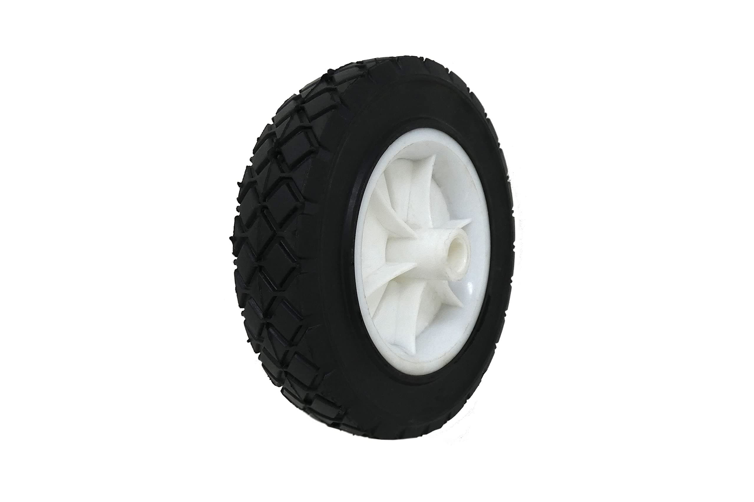 Hardware 9611 7-Inch Semi-Pneumatic Rubber Replacement Tire, Plastic Wheel, 1-1/2-Inch Diamond Tread, 1/2-Inch Bore Offset Axle,White