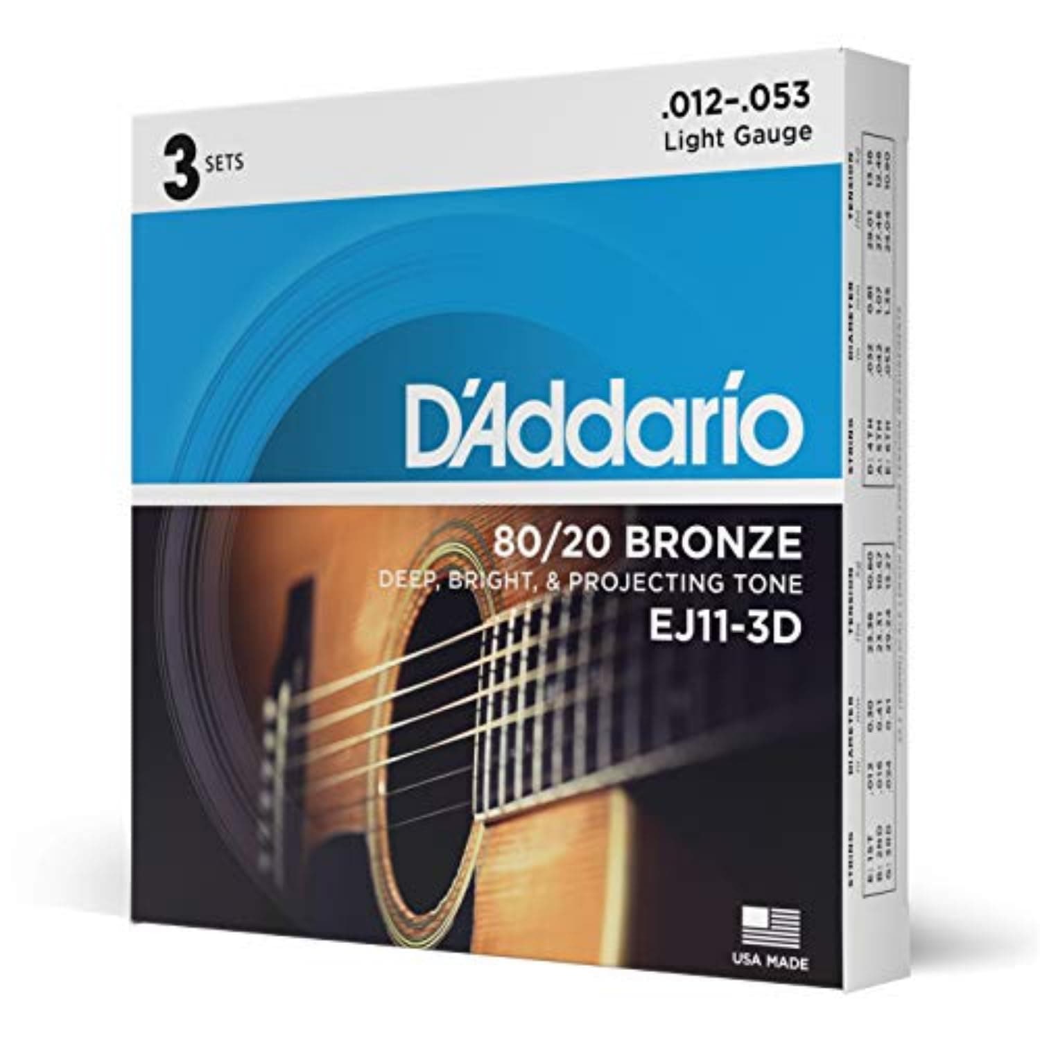 Guitar Strings - Acoustic Guitar Strings - 80/20 Bronze - For 6 String Guitar - Deep, Bright, Projecting Tone - EJ11-3D - Light, 12-53 - 3-Pack