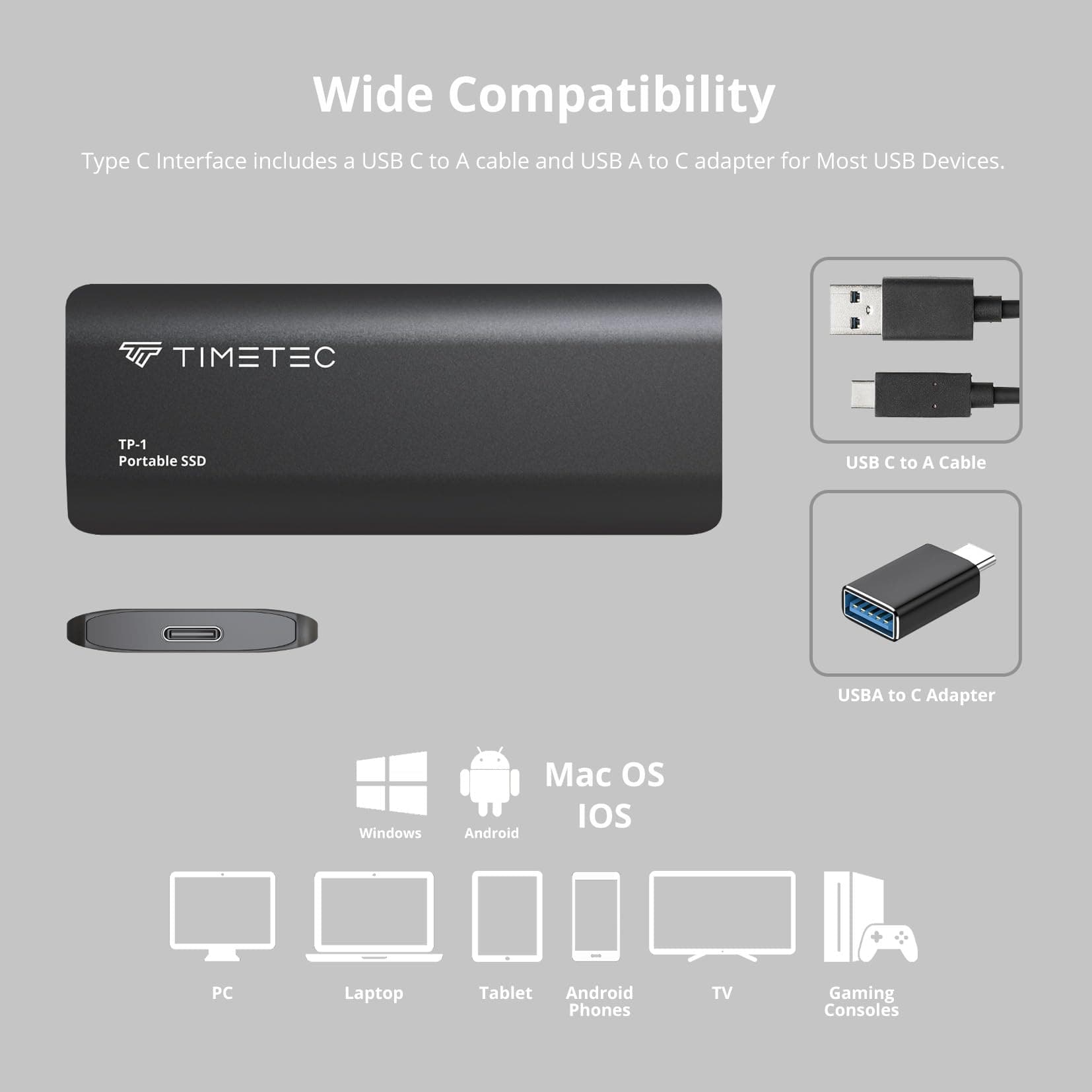 Timetec Portable External SSD USB 3.2 Gen2 USB Type C up to 550MB/s Ultra Thin Flash Aluminum Mini Solid State Drive, 512GB, Black