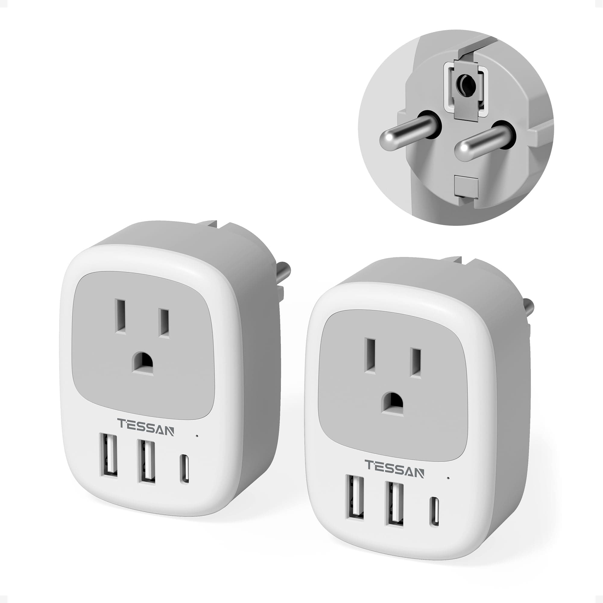 2 Pack Type E F Plug Adapter, TESSAN South Korea Outlet Adapter with 3 USB Ports (1 USB C), Schuko Travel Plug for US to Europe EU Spain Germany France Iceland Greece Russia Norway