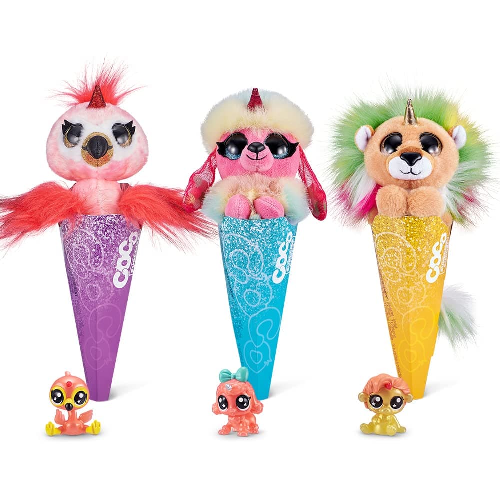 Rainbocorns Coco Surprise Fantasy Series 1 (3 Pack) Version 2 by ZURU Animal Plush Toys with Baby Collectible Surprise in Cone, Animal Toy for Girls and Kids (Flamingo, Poodle, Lion),Multi-Color