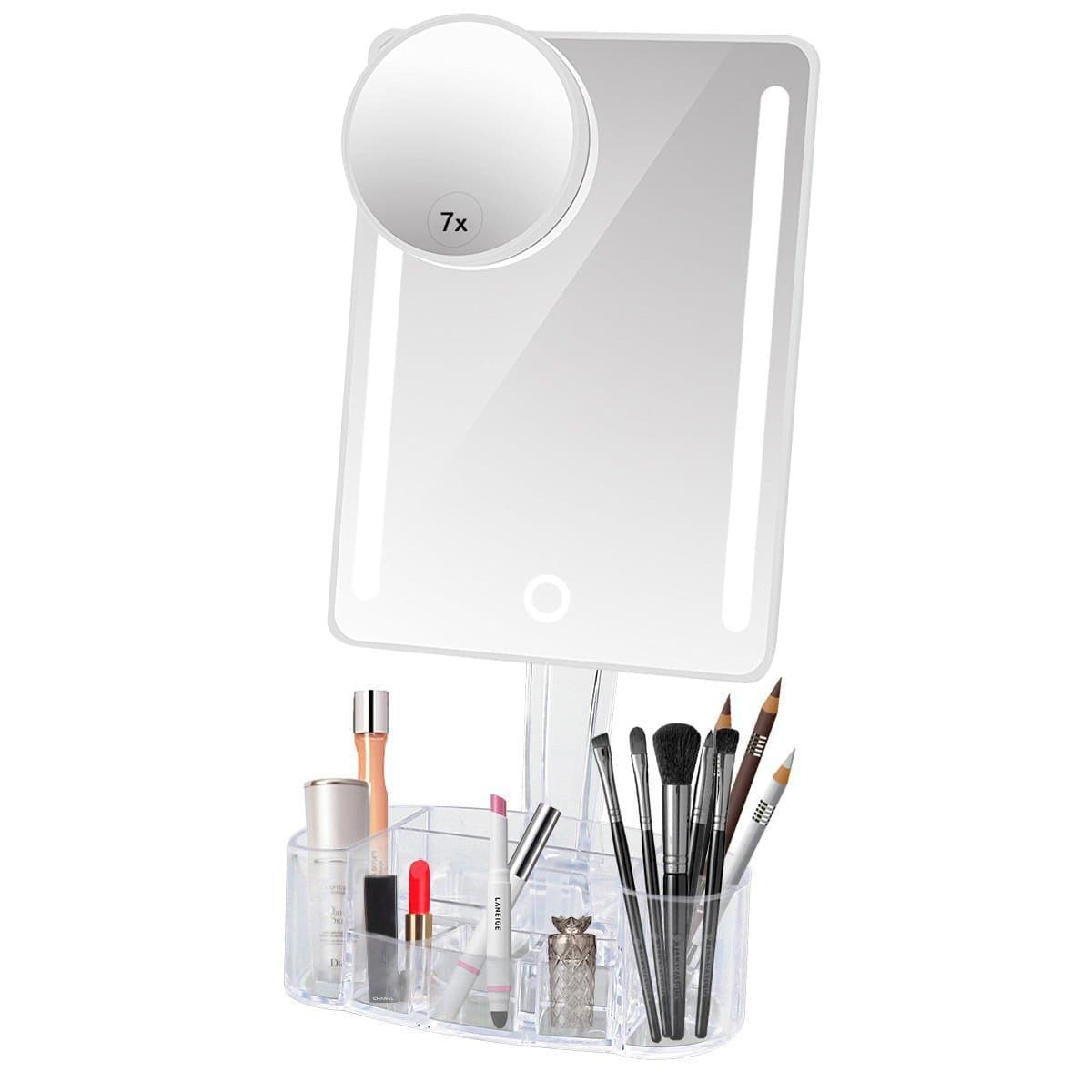ASSIS Lighted Makeup Vanity Mirror with 7X Magnification, Touch Screen Makeup Mirror, Acrylic Makeup Organizer