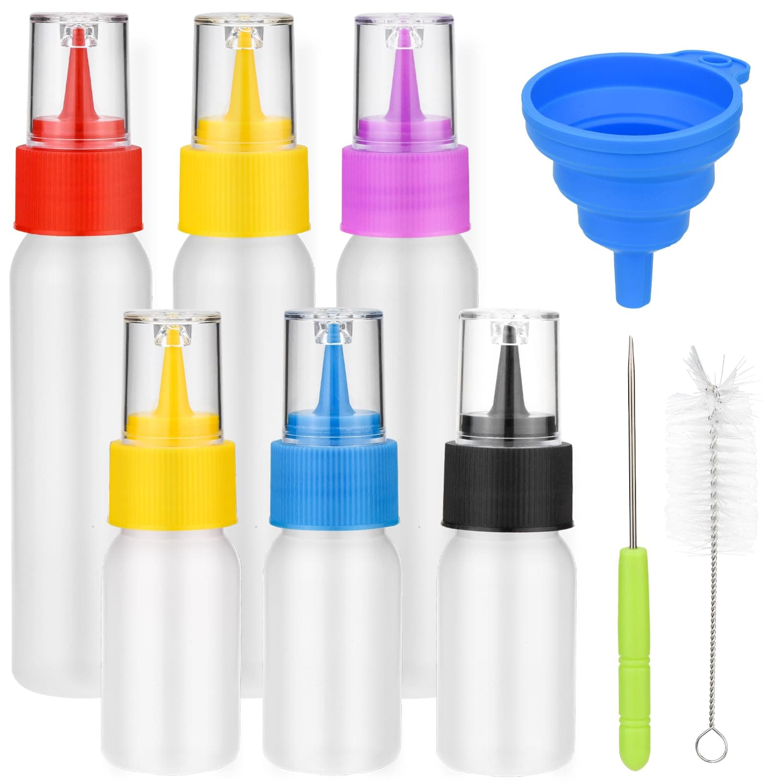 Icing Bottles, 6 Pcs Small Squeeze Cake Writing Bottles with Needle, Brush and Funnel, Mini Easy Pancake Art Bottles for Royal Icing Cookie Supplies, Cakes Cookie Decorating and Food Coloring