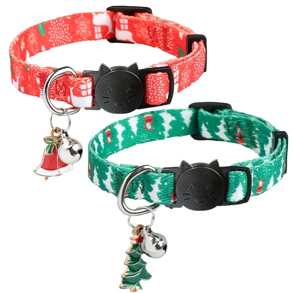 HOMIMP 2 Pack Christmas Cat Collars Quick Release Breakaway Collar Set for Cats, Puppy Red & Green 20-30 cm