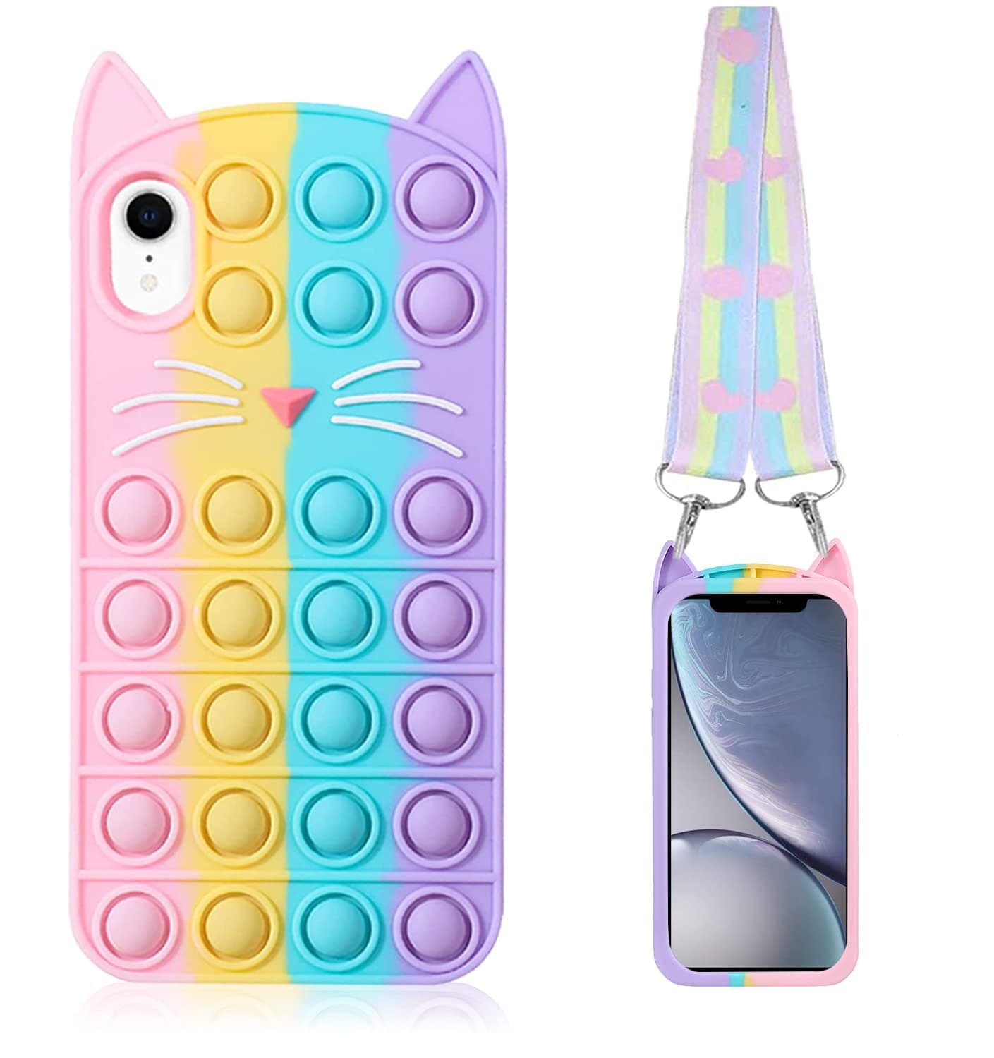 Fidget Pop Phone Case for iPhone XR [1 Pack], Stress Relief Push Pop Bubble 3D Cartoon Funny Kawaii Cute Fun Soft Silicone Design Cover for Girls Kids Boys (for iPhone XR 6.1"-1Pack Cat)