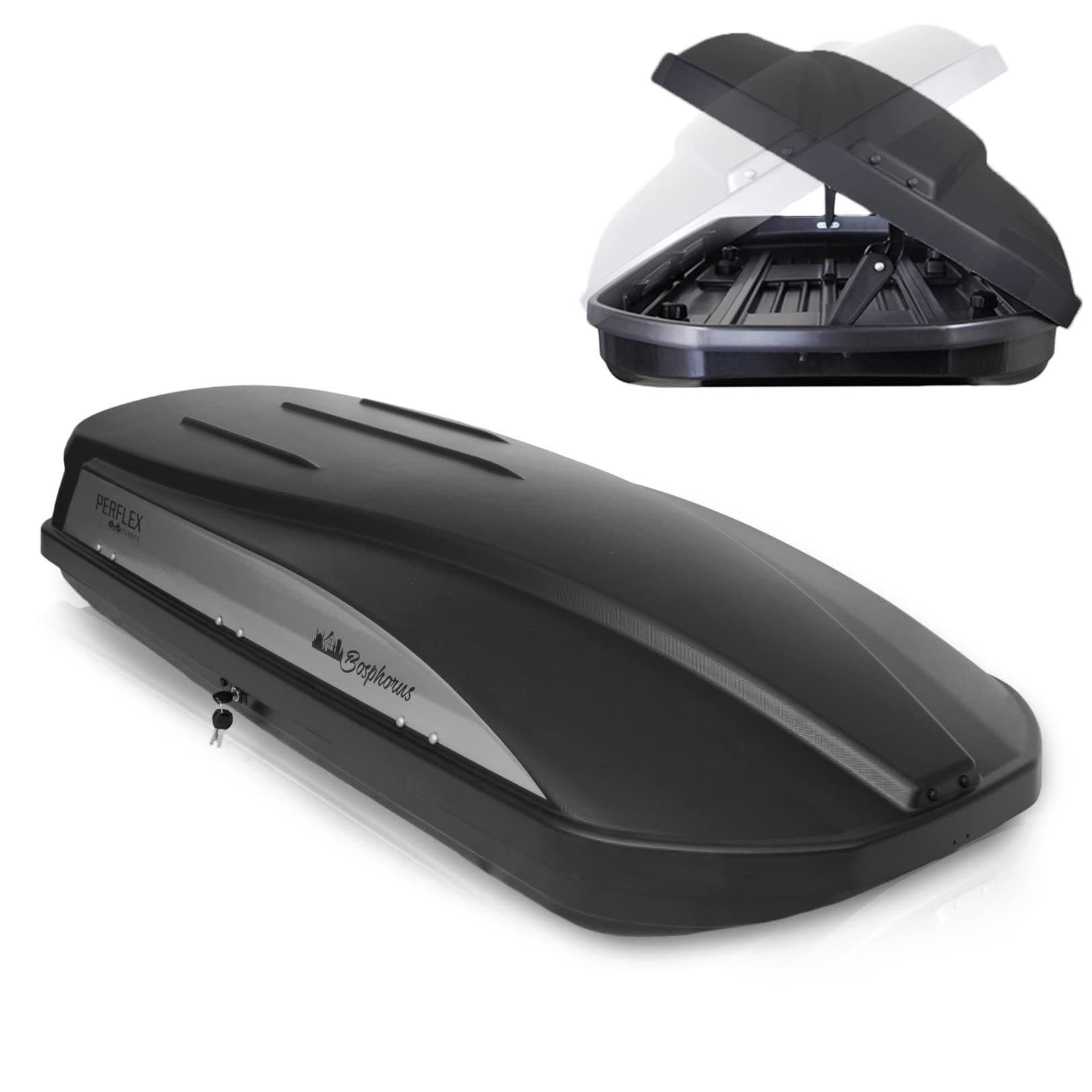 Perflex Bosphorus Rooftop Cargo Box Carrier Large 17 Cubic Feet Car Top Mount Travel Luggage Storage, Dual Side Opening, 130 Lbs Weight Capacity, Extra Keys, Straps (Black)