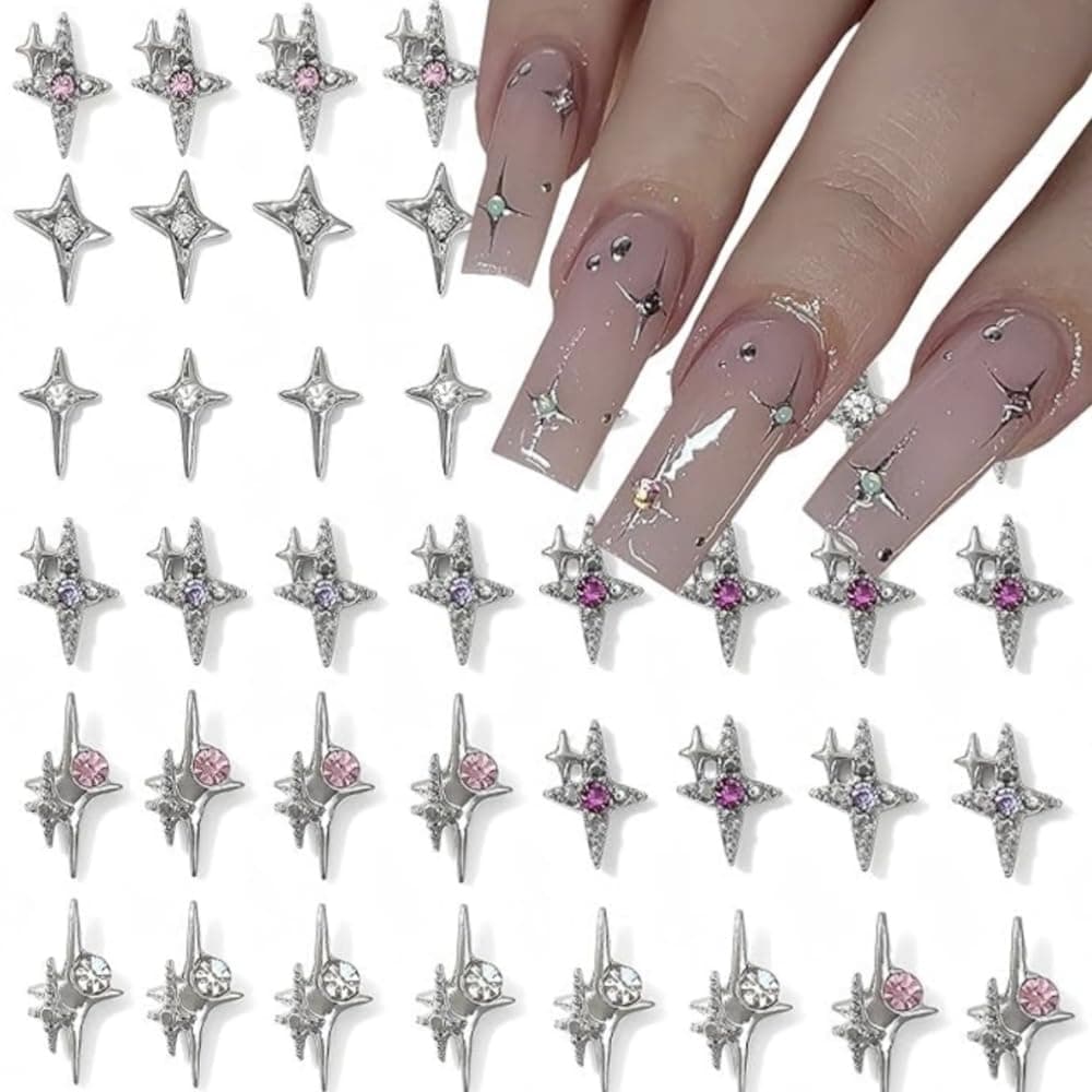 40Pcs(Extra 2pcs as gift) Silver Star Nail Charms, 3D Stars Nail Rhinestone for Acrylic Nails Shiny Alloy Crystal Star Nail Gems Nail Jewels Star Nail Art Supplies for Women and Girls DIY Nail Decor