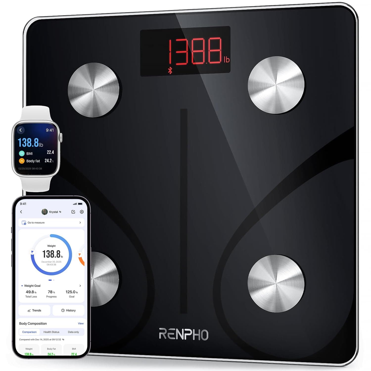 Scale for Body Weight 500 lbs, Extra-High Capacity Smart Bathroom Scale with Ultra Wide Platform 12 x 12 inches, Body Fat Scale with Large LED Display, Health Monitor Sync App, Elis 1 L