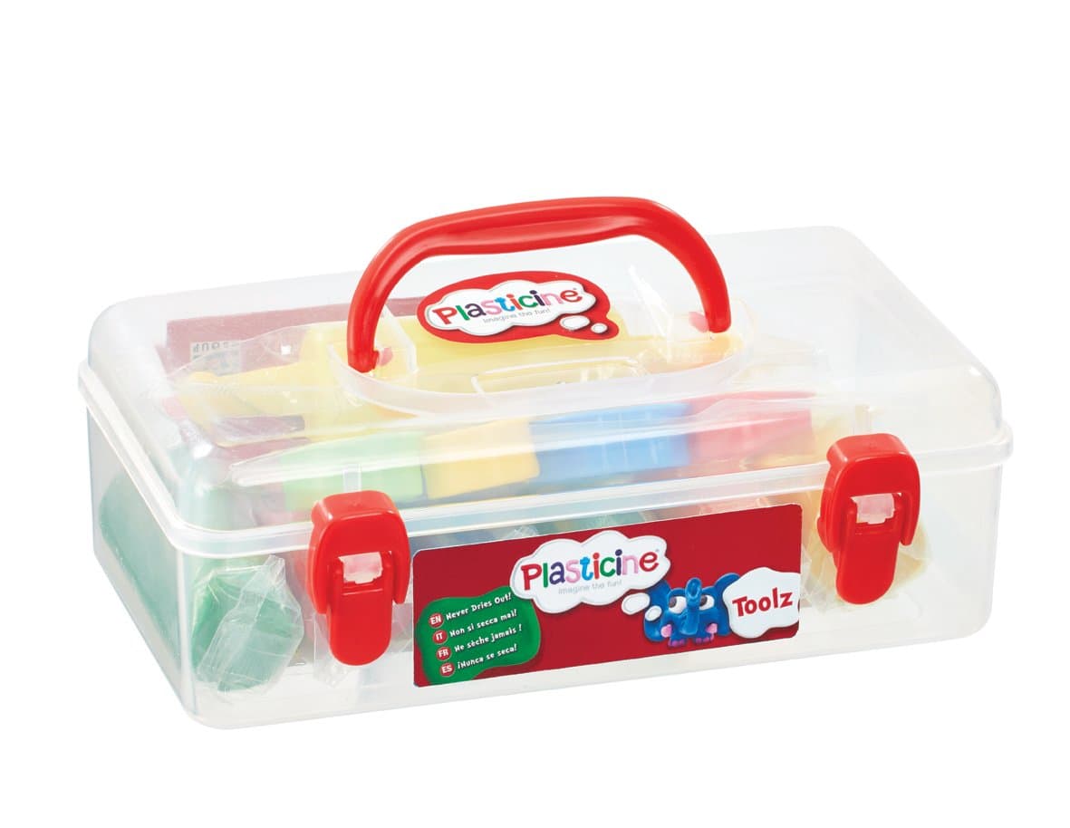 Plasticine The Original, Toolz Tool Box - Organise, Store, and Create, Includes 7 Vibrant Colours, 5 Shape Cutters, Modelling Tool and Smooth Roller, Perfect for Sculpting, Modelling, and Crafting