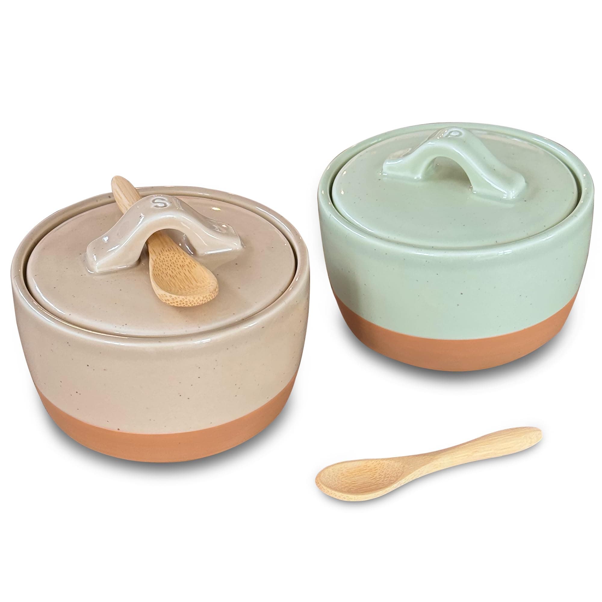 Mora Ceramic Salt and Pepper Cellar Set with Lid - 10 oz Modern Canister/Container/Bowl for Storage, Sea Salt, Spice, Sugar, Countertop - Small Dish/Jar with Wood Spoon, Matcha & Chai Crock