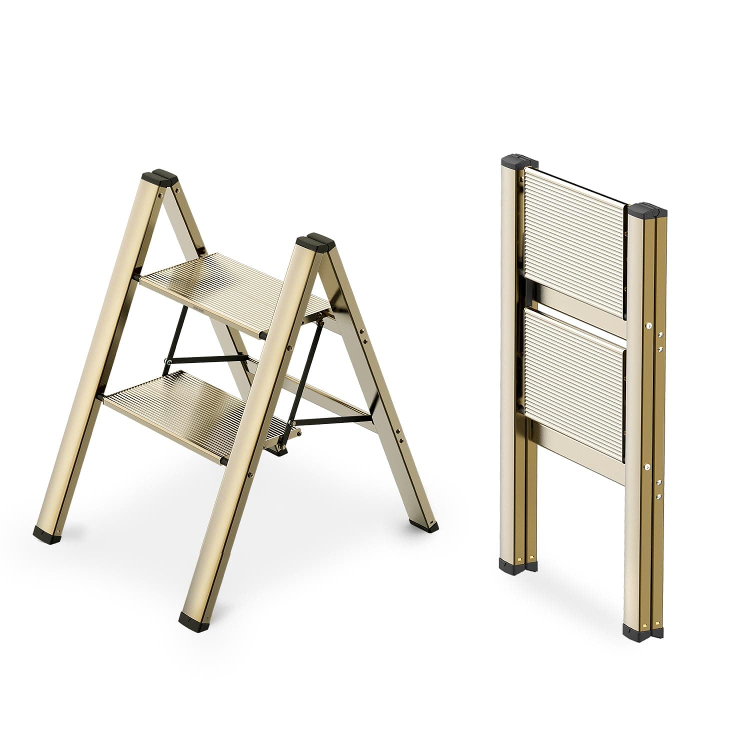 WOA WOA 2 Step Ladder, Foldable Step Stool, Aluminum Lightweight Ladder for Home Kitchen Closet, Anti-Slip Pedals, Ease of Folding, Portable, 300lbs Capacity - Gold