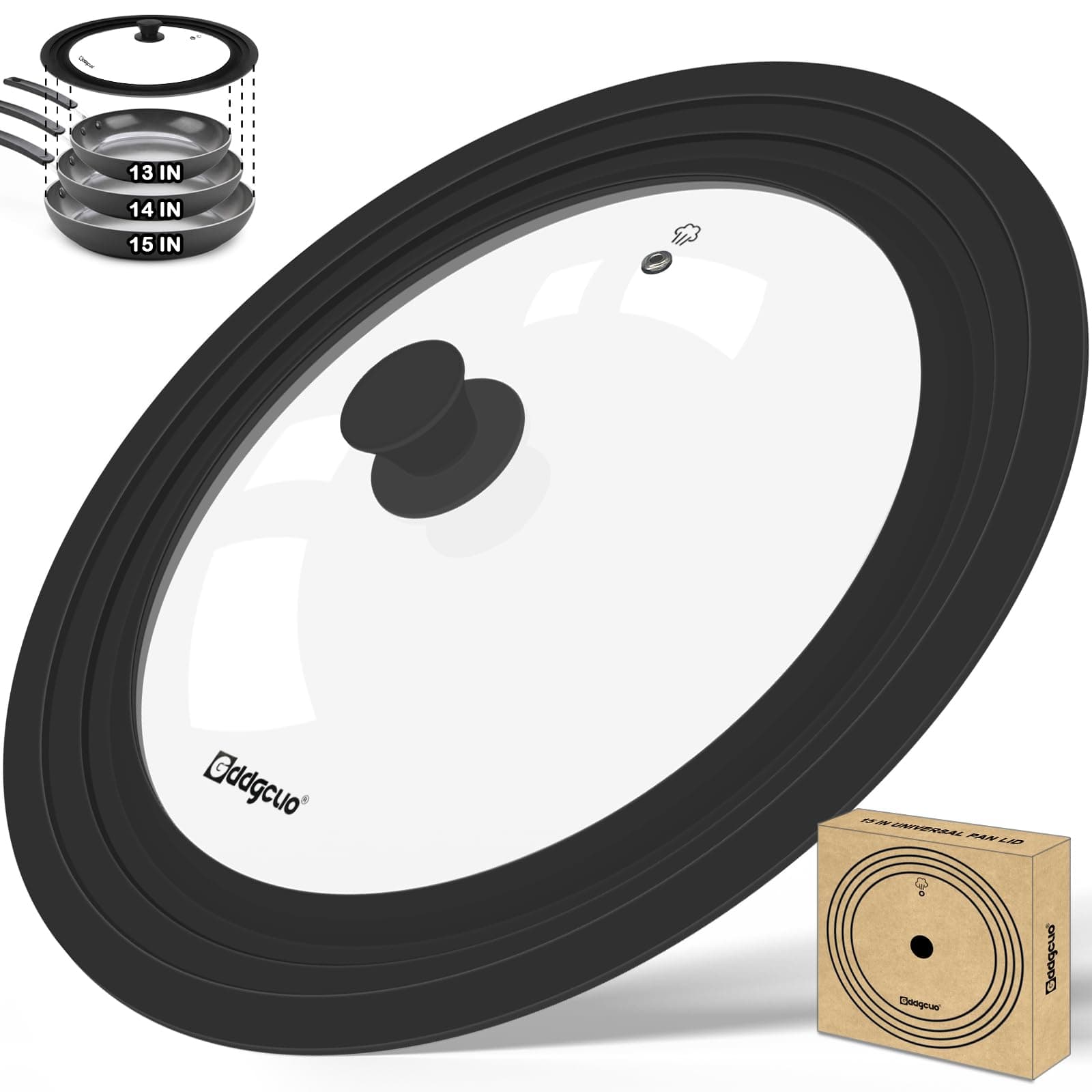 13-14-15 in Universal Pan Lid, Extra Large Silicone Pot Lid for Pots, Pans & Skillets, Replacement Frying Pan Lid with Heat Resistant Silicone Knob, Dishwasher Safe, Black