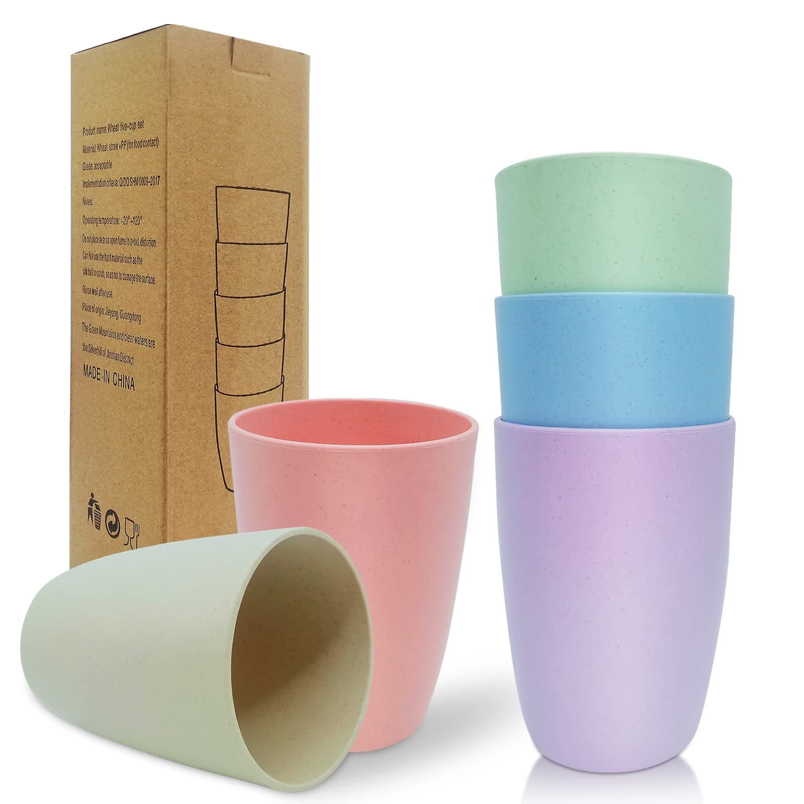 5Pcs Reusable Plastic Cups 350ml Unbreakable Plastic Drinking Cups Tumblers Set for Children Kids Picnic Travel Camping Coffee Tea Water Beer Milk Juice (5 Colors)