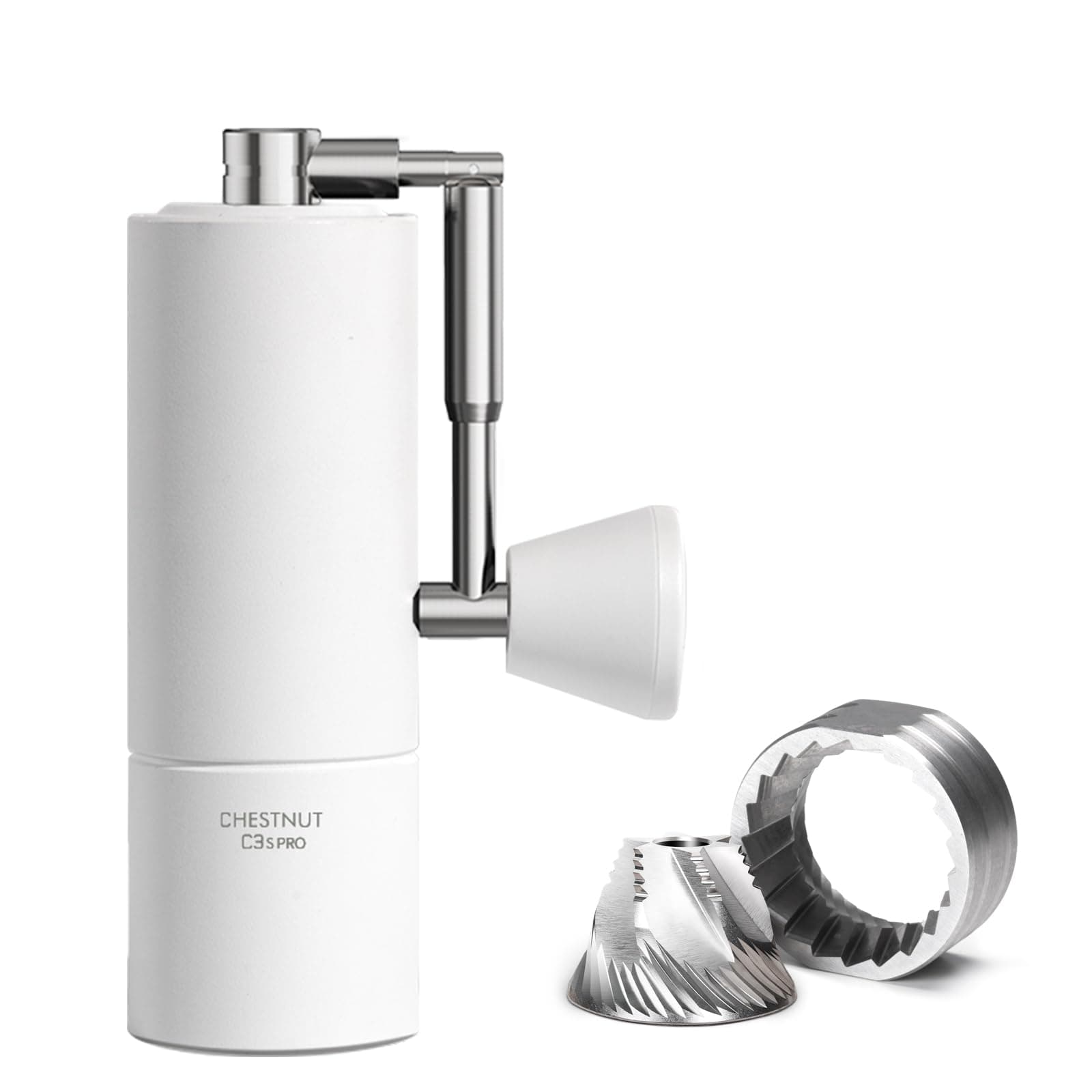 Manual Coffee Grinder Foldable Handle Burr Coffee Grinder with Capacity 20g Chestnut C3S PRO Internal External Adjustable Setting, Double Bearing Positioning for Travel Camping, Home White