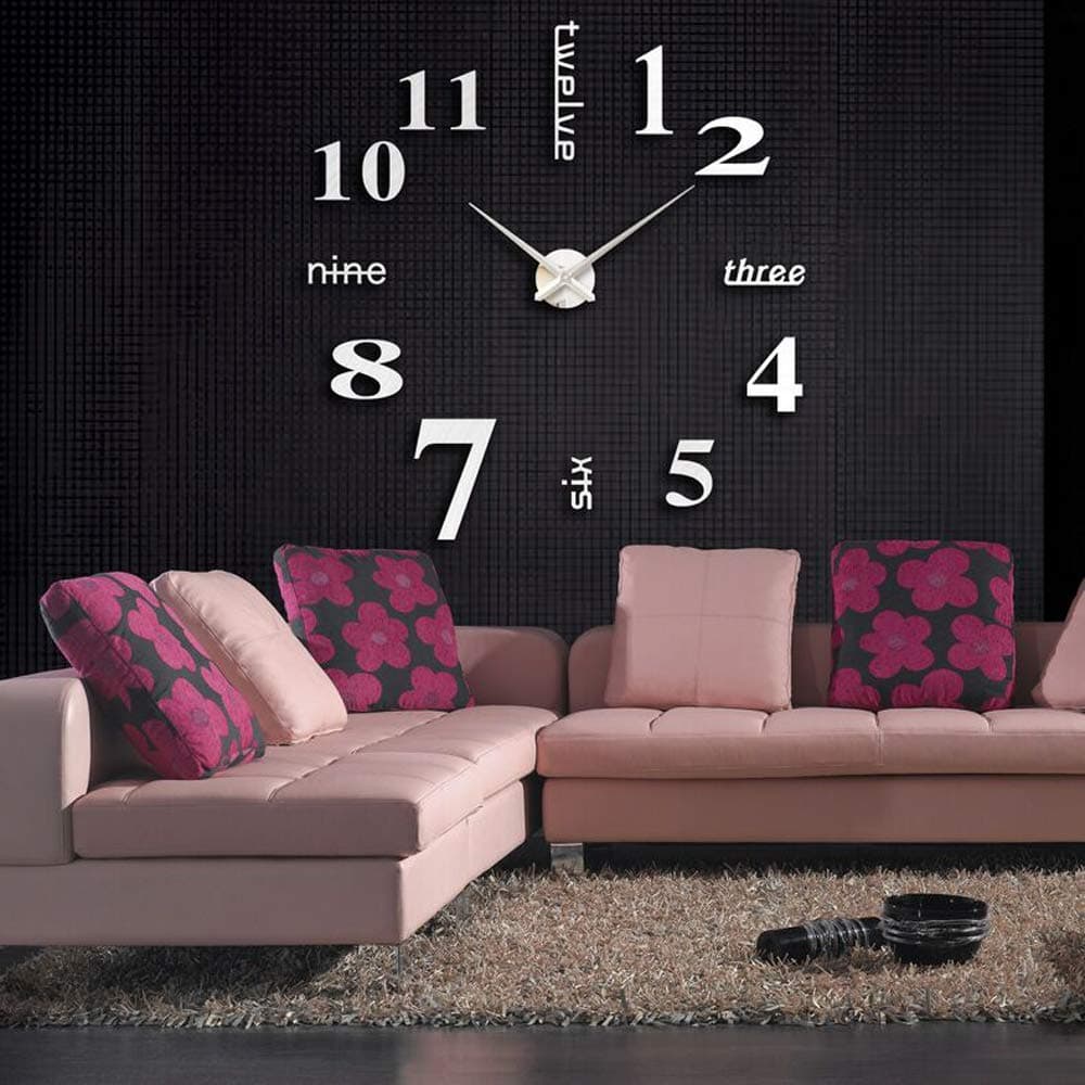 Large 3d Silver Wall Clock Silent Stickers Modern Adhesive Acrylic Mirror for Office Bedroom Home Decor Unique Gift
