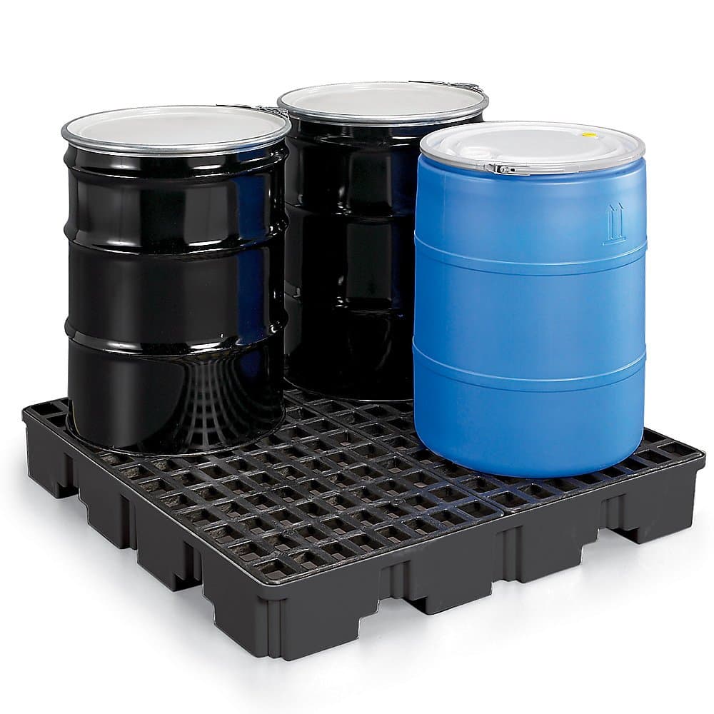 Eagle 4 Drum Spill Containment Pallet with Drain and Forklift Pockets, 51.5"x51.5"x8", 66 Gallon Sump, 8,000 lbs. Load Capacity Secondary Containment Pallet, Made in USA, Black, 1645B