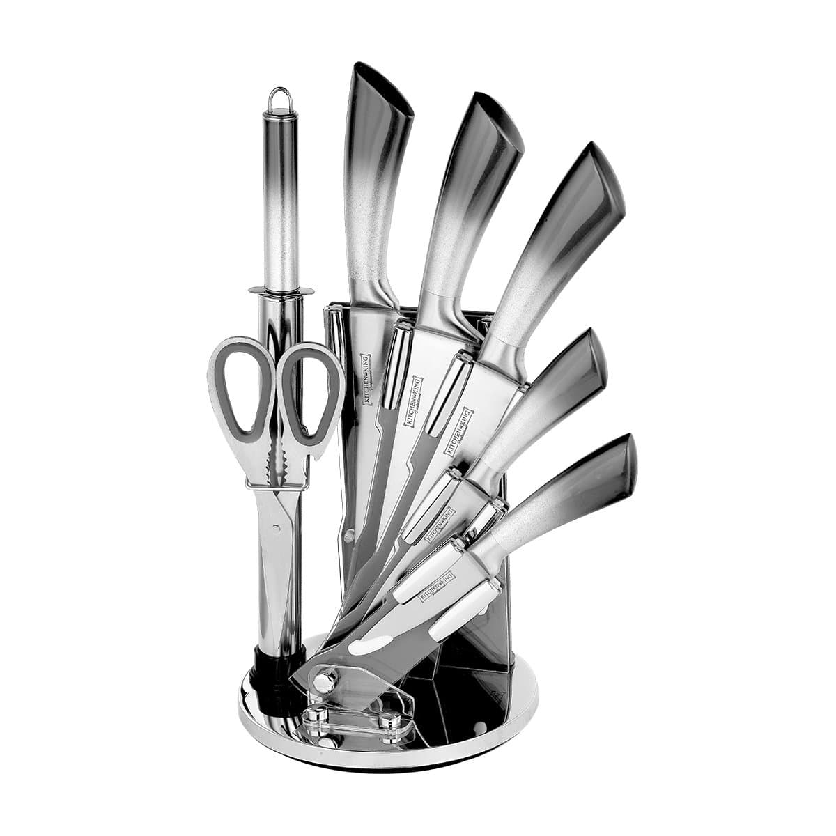 Knife Block Set with Scissors and Sharpener 8-Piece Stainless Steel Professional Kitchen Cutlery with acrylic Rotating Block Stand Dishwasher Safe Knives One Piece Knife Set (Black)