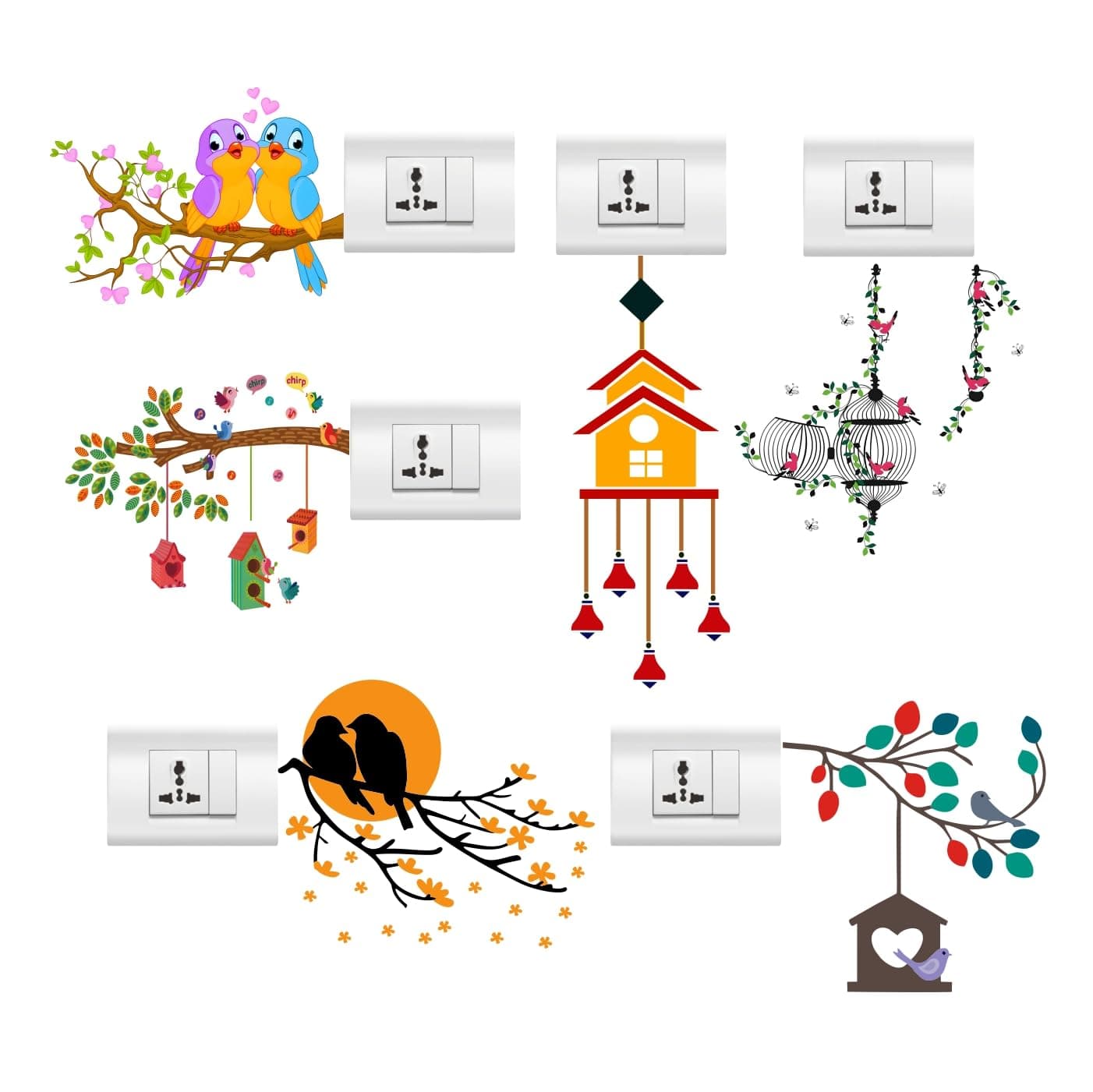 Rawpockets 30 cm Birds Cage Switch Board Sticker Self Adhesive Wall Sticker (Pack of 6)