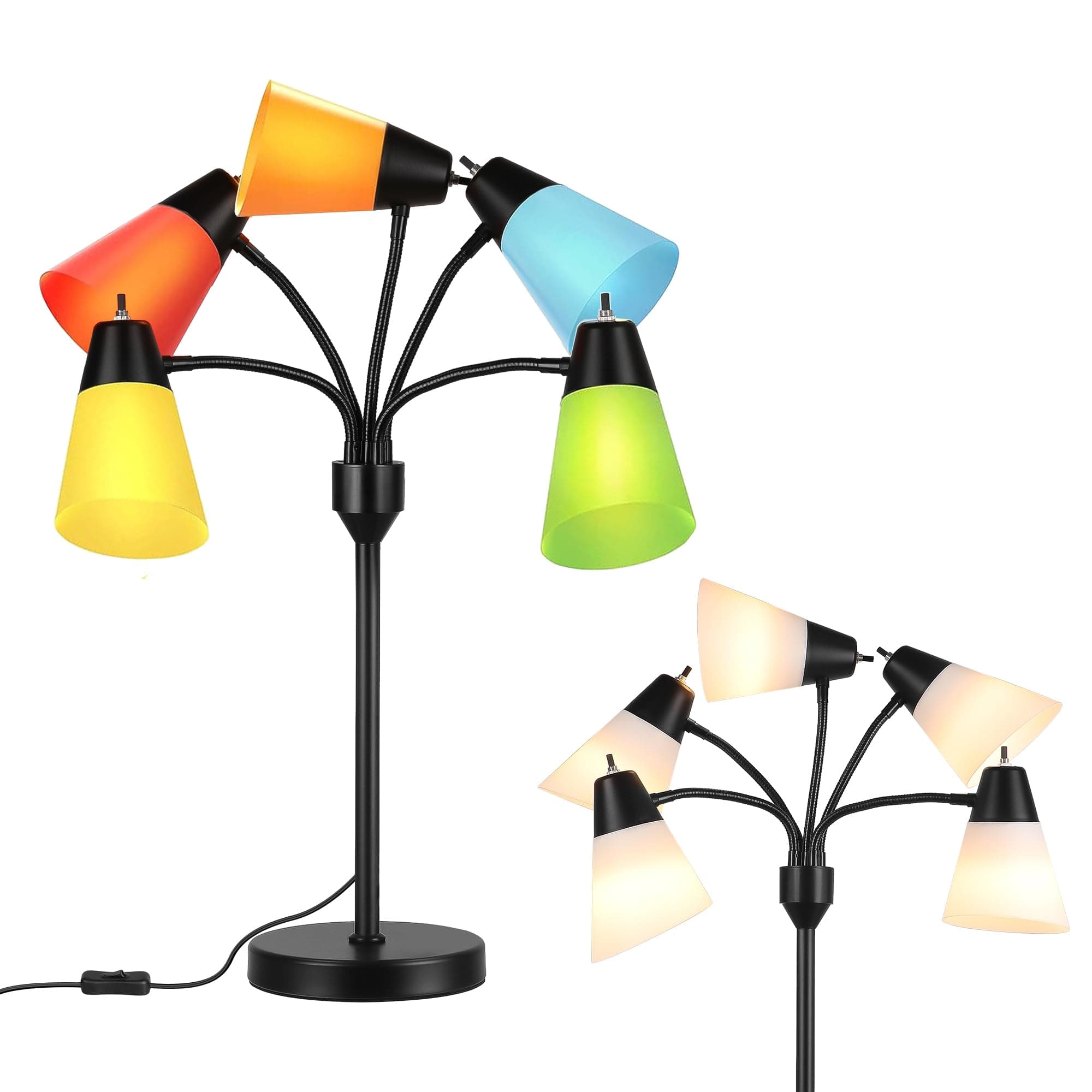 Hamucd Tree Table lamp, Multi Head Medusa 5 Light Adjustable Gooseneck Corner Lamp, Rustic Kids Bedside Reading Lamp with Fun Light Multicolored Shades for Bedroom, Living Room, Office, STR-DL-0027