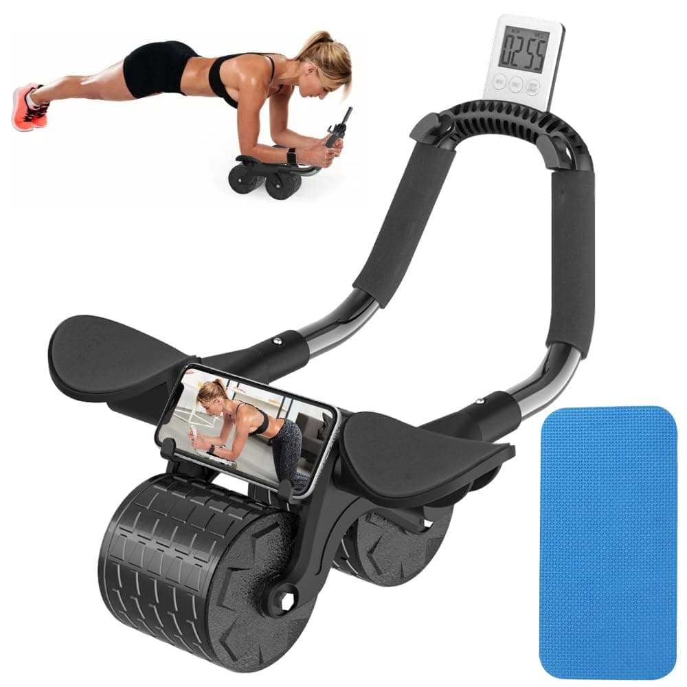Rescien Elbow Support Automatic Rebound Abdominal Wheel, Ab Wheel Roller with Timer, Phone Holder and Knee Pad for Abdominal Exercise Machine, Plank Core Trainer, Abs Workout in Office, Home, Outdoor