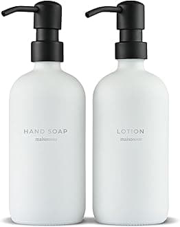 MaisoNovo Glass Hand Soap Dispenser Bathroom Countertop Set - 500 ml White Soap and Lotion Dispenser Set with Black Pump x 2, Waterproof Labels
