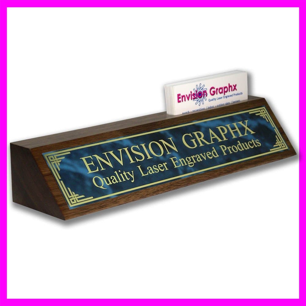 Personalized Custom Engraved Walnut Desk Name Plate with Side Card Holder DS20 Blue Designer Corner Marble Brass