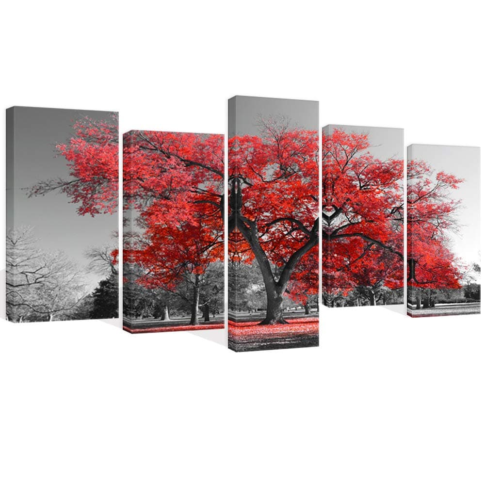 Visual Art Decor Large Canvas Wall Art Black and White Red Tree Photograph Picture Framed and Stretched Prints Modern Living Room Office Wall Decoration (02 Red)