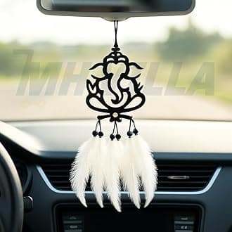 M H Villa Ganesha Dream Catcher Car Decoration Items Interior Spiritual Charm Car Hanging Accessories Interior Protection Ornament for Positive Vibes Car Mirror Hanging Gift - White