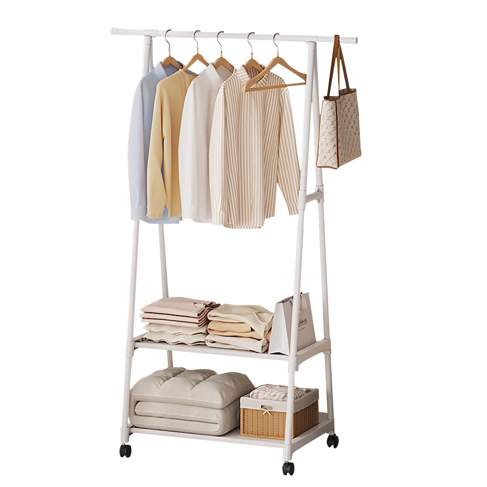 Beauenty Clothes Rack, Clothes Drying Stand, Coat Rack, Sturdy Rolling Clothing Rack with Wheels, Multifunctional Metal Garment Rack with 2-Tier Shelf, (White)