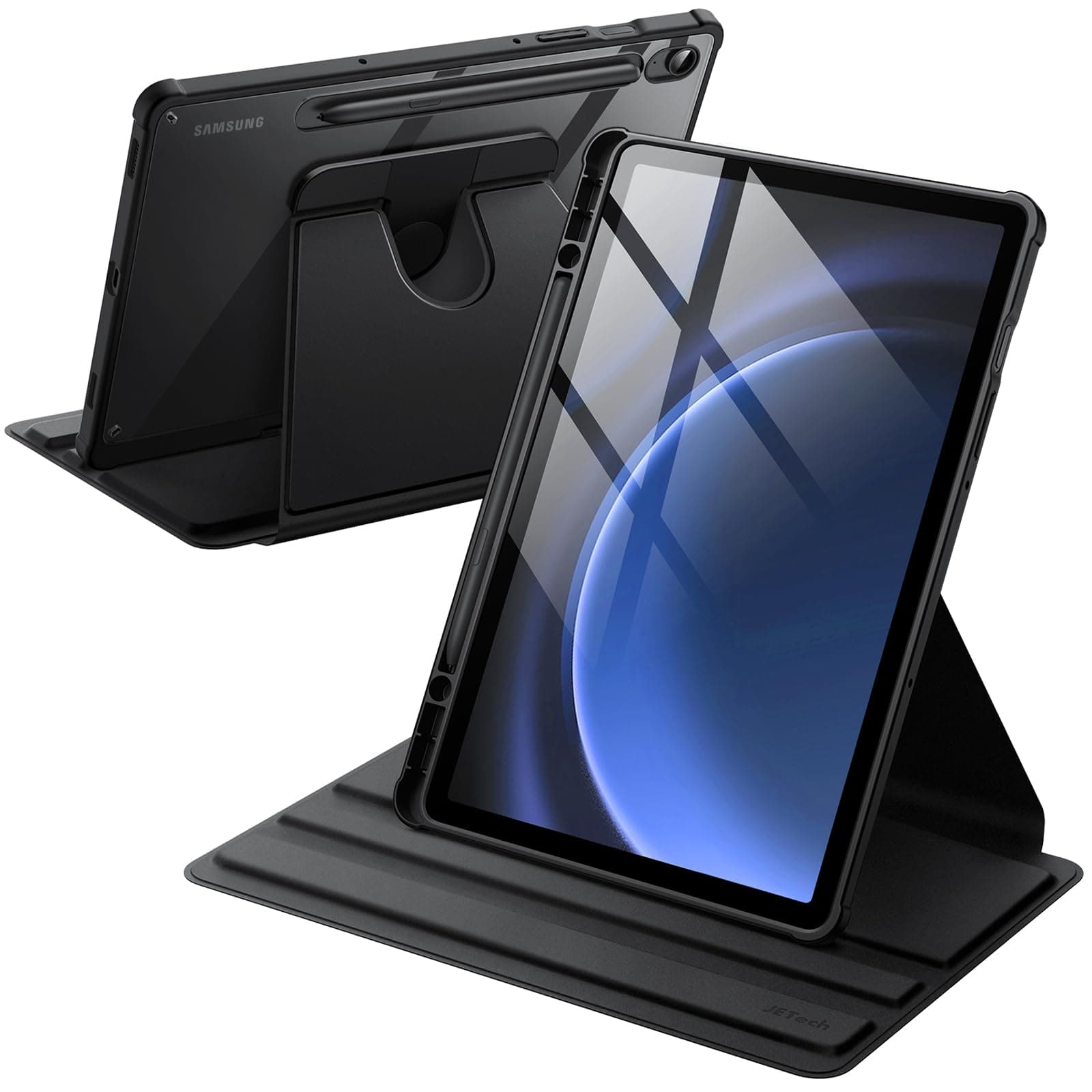 JETech Rotating Case for Samsung Galaxy Tab S10 Lite / S10 FE / S9 FE 10.9-Inch / S9 11-Inch with S Pen Holder, 360 Degree Rotation Protective Stand Cover Clear Back, Auto Wake/Sleep (Black)
