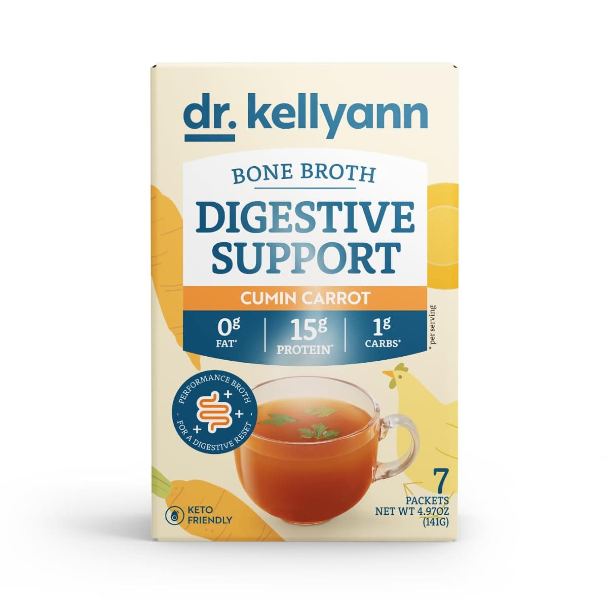 Dr. Kellyann Bone Broth + Digestive Support Collagen Powder Packets (7 Servings, 1 Box), 16g Protein/Serving, 100% Grass-Fed Hydrolyzed Collagen Powder, Keto & Paleo Friendly - Cumin Carrot